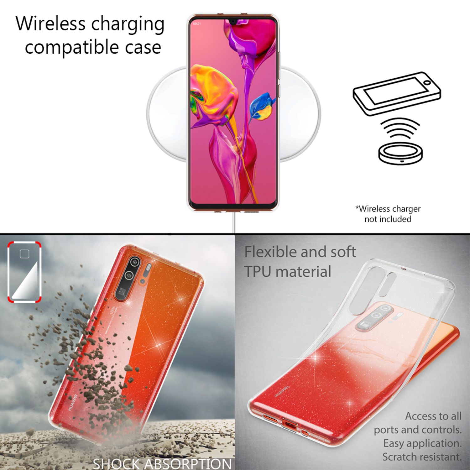 NALIA Glitter Hülle kompatibel mit Huawei P30 Pro, Glitzer Silikon Case Cover Default Title NALIA Transparente Hülle