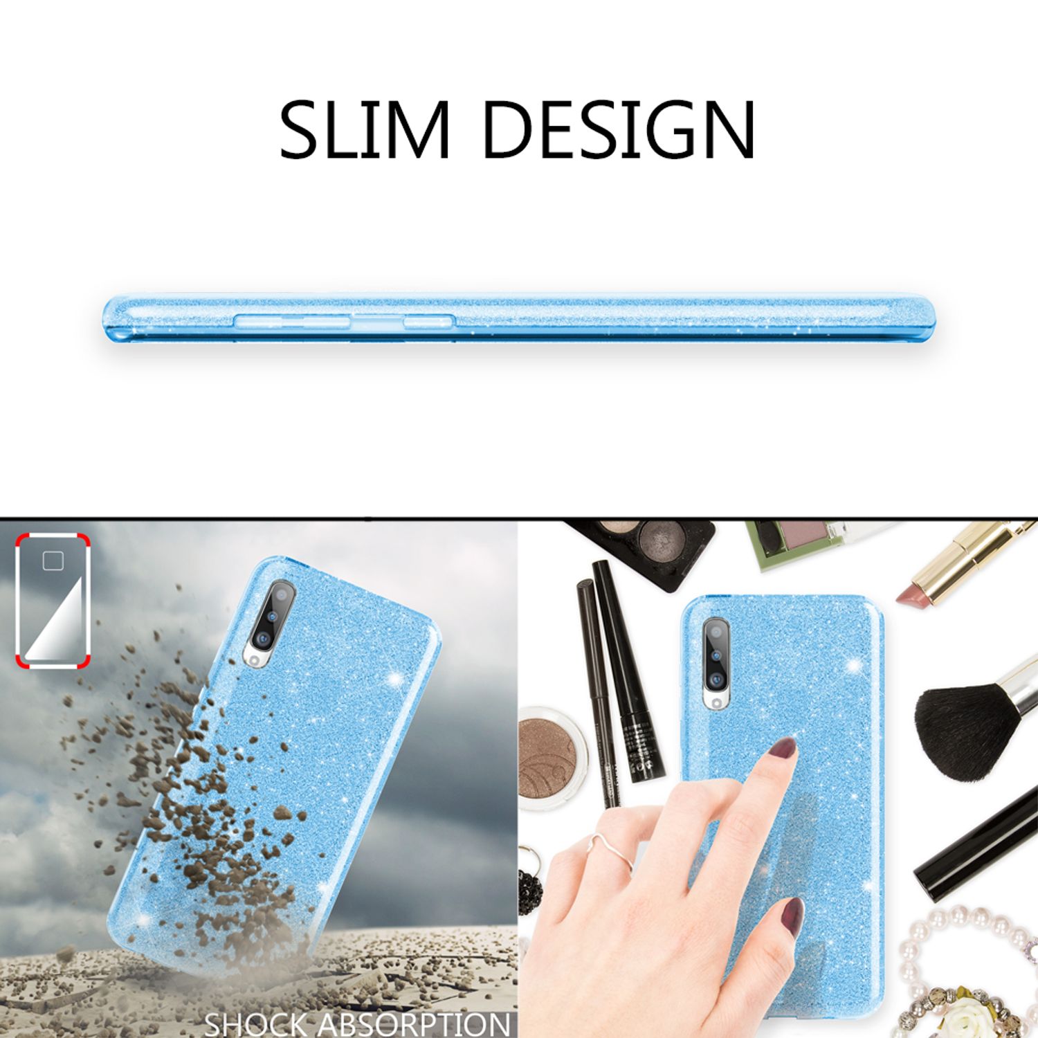 NALIA Glitzer Handyhülle für Samsung Galaxy A50, Diamant Schutzhülle Glitzer Handyhülle Türkis NALIA Protective Hülle