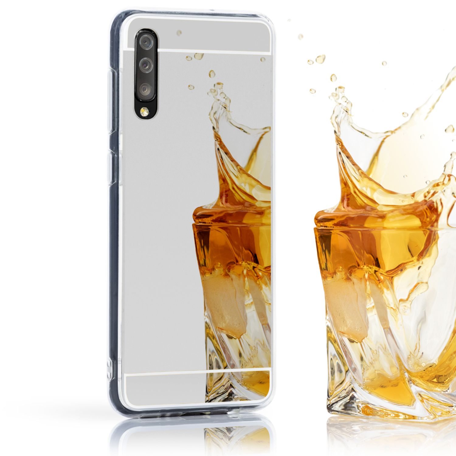 NALIA Handy Hülle für Samsung Galaxy A50, Spiegel Case Cover Schutz Bumper Etui Silber NALIA