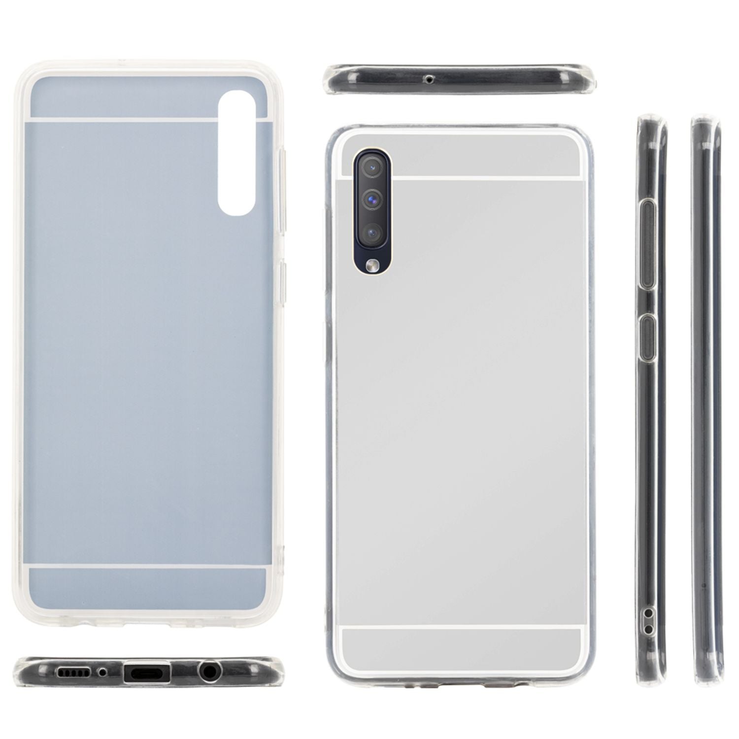 NALIA Handy Hülle für Samsung Galaxy A50, Spiegel Case Cover Schutz Bumper Etui Silber NALIA