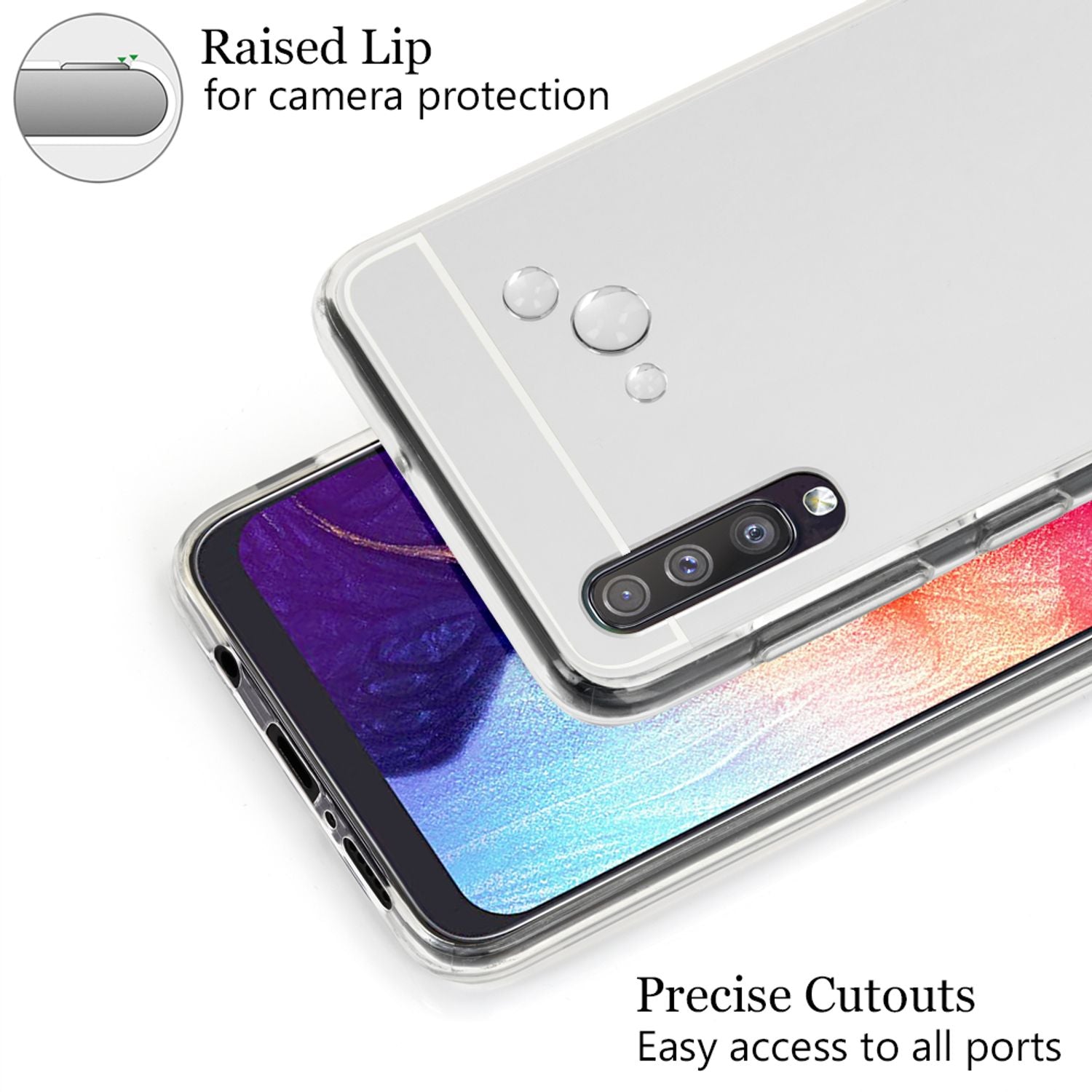 NALIA Handy Hülle für Samsung Galaxy A50, Spiegel Case Cover Schutz Bumper Etui Silber NALIA