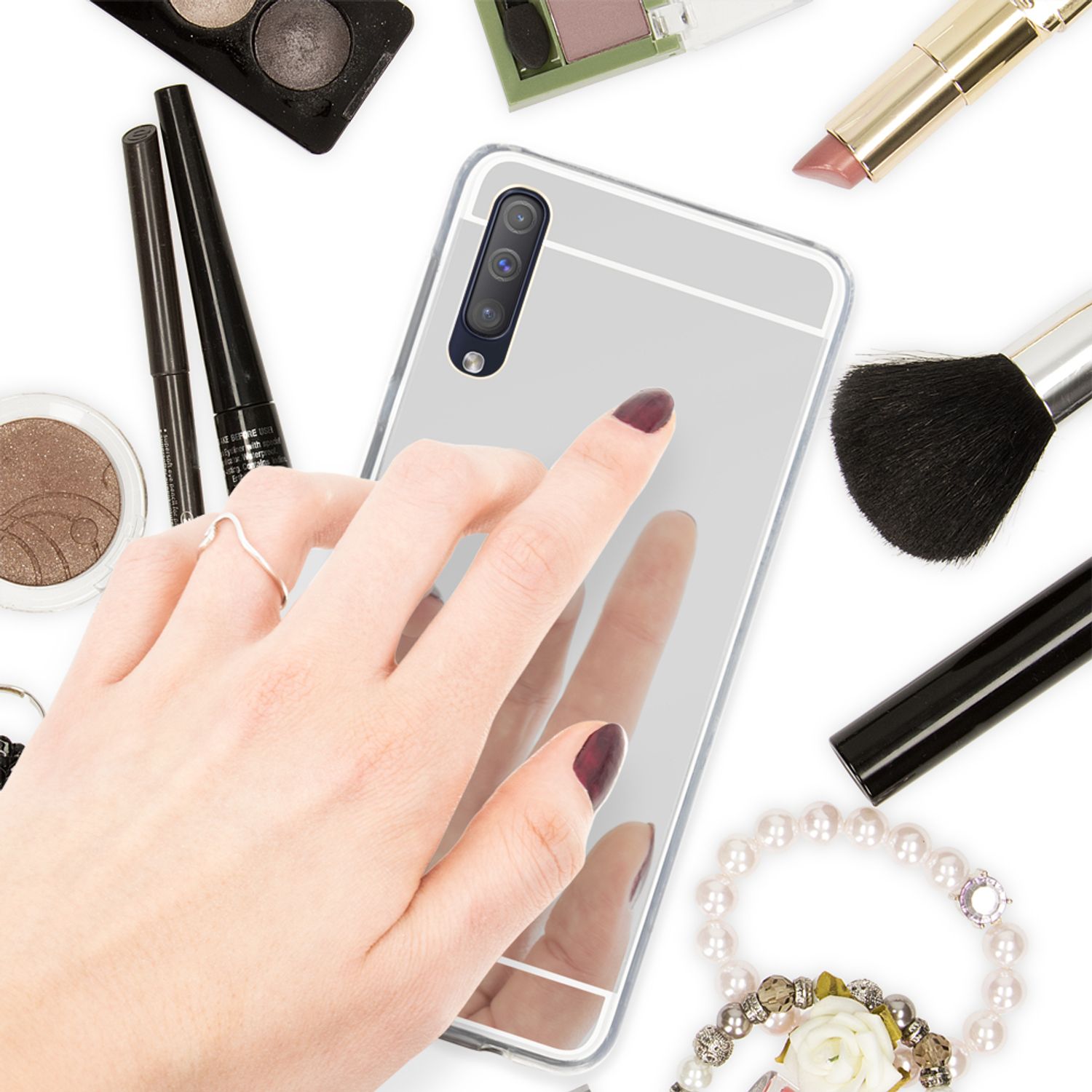NALIA Handy Hülle für Samsung Galaxy A50, Spiegel Case Cover Schutz Bumper Etui Silber NALIA