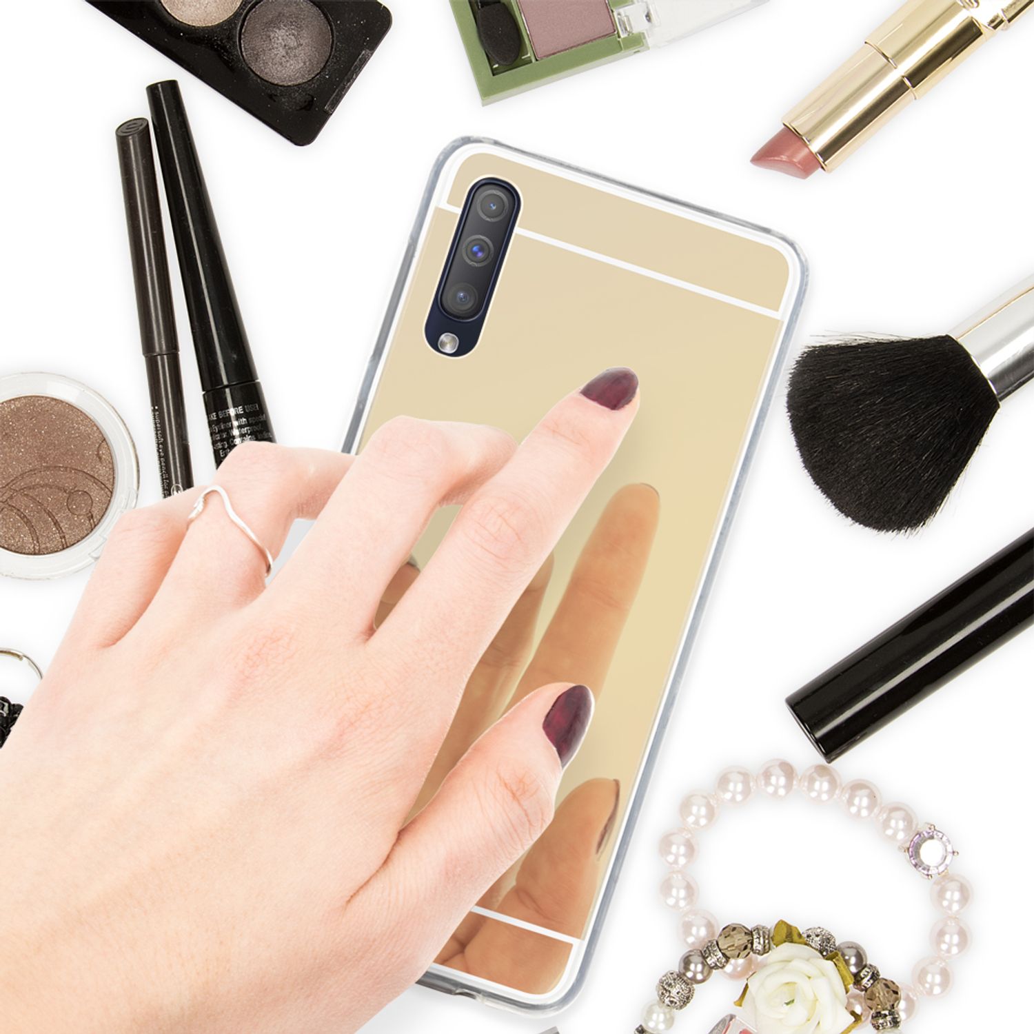 NALIA Handy Hülle für Samsung Galaxy A50, Spiegel Case Cover Schutz Bumper Etui Gold NALIA