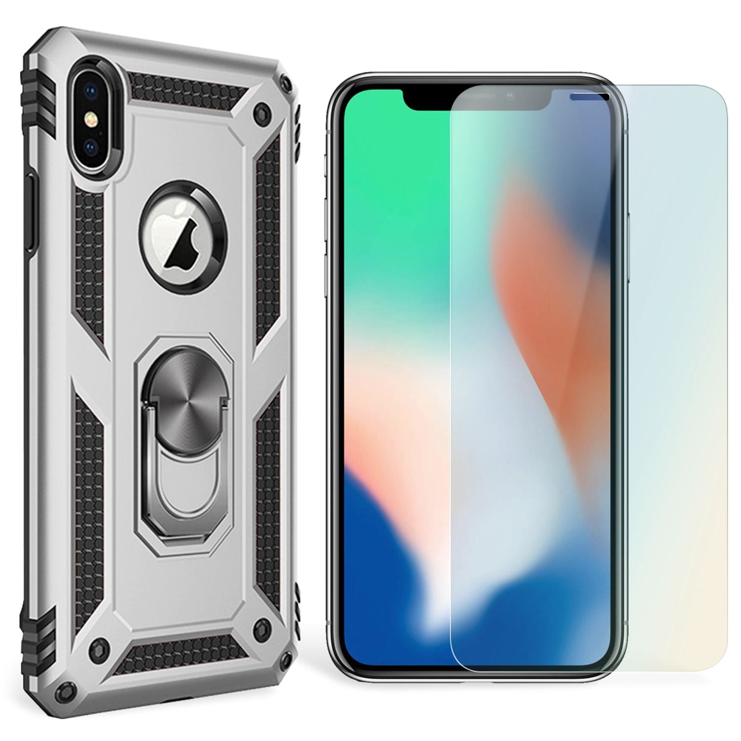 NALIA Ring Handy Hülle für iPhone X / XS, Case Cover Bumper Display Schutz Glas Silber NALIA Protective Hülle