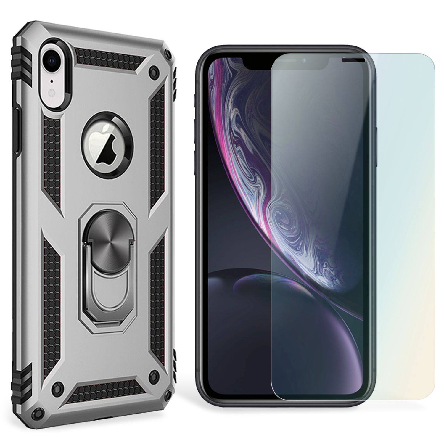 NALIA Ring Handy Hülle für iPhone XR, Case Cover Bumper Display Schutz Glas Schwarz NALIA Outdoor Hülle