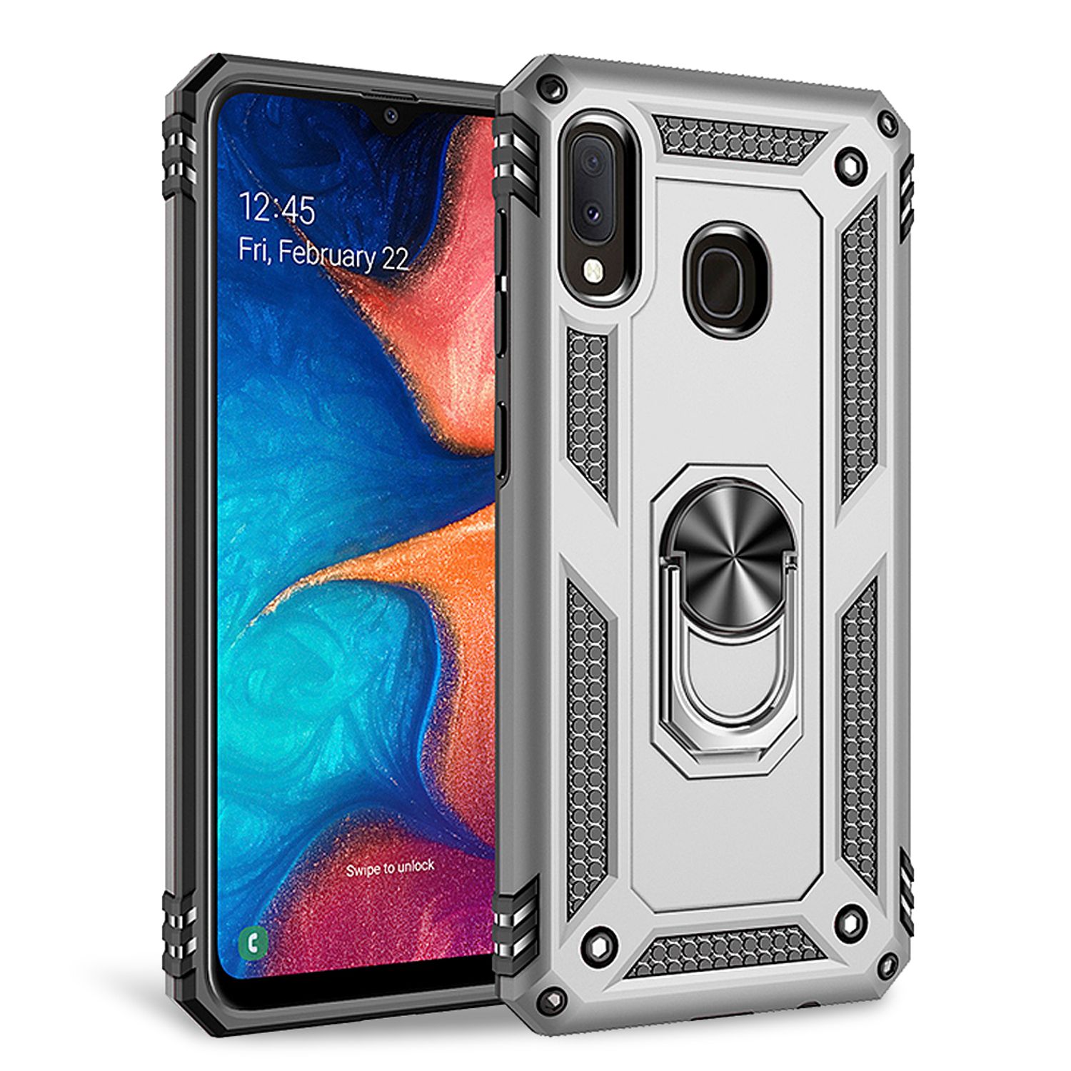 NALIA Ring Handy Hülle für Samsung Galaxy A20e, 360 Grad Schutz Case Cover Etui Silber NALIA Protective Hülle