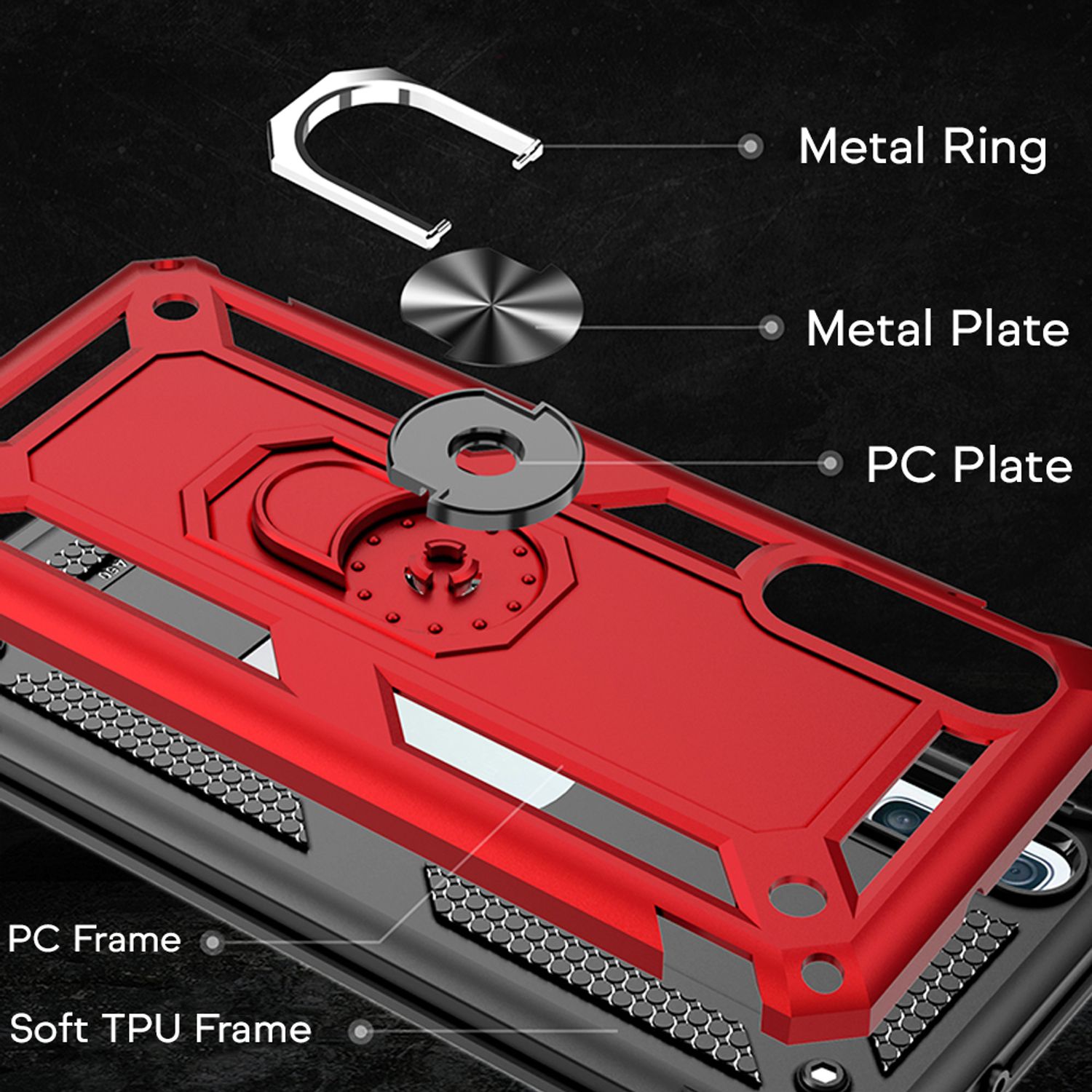 NALIA Ring Handy Hülle für Samsung Galaxy A50, 360 Grad Schutz Case Cover Tasche Silber NALIA Protective Hülle