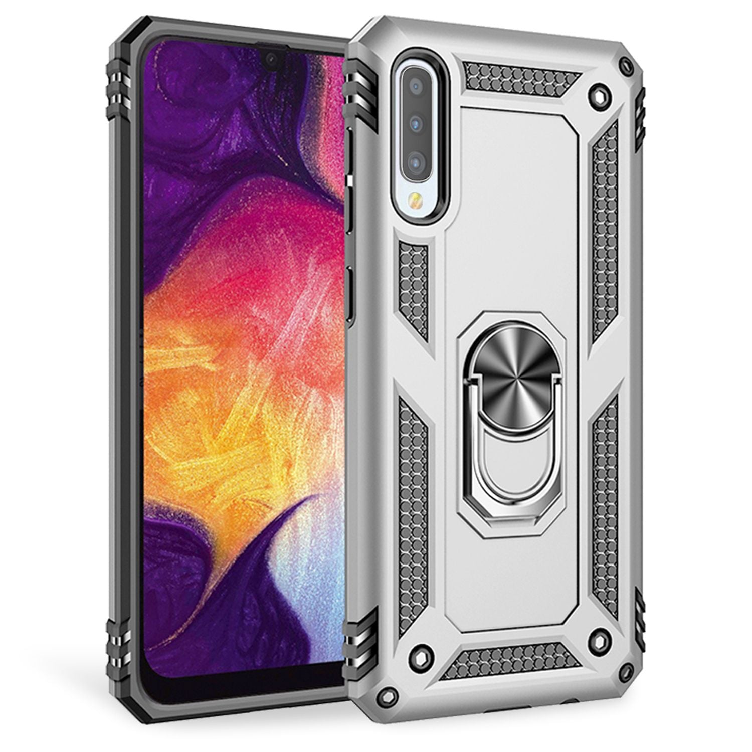 NALIA Ring Handy Hülle für Samsung Galaxy A70, 360 Grad Schutz Case Cover Tasche Silber NALIA Protective Hülle