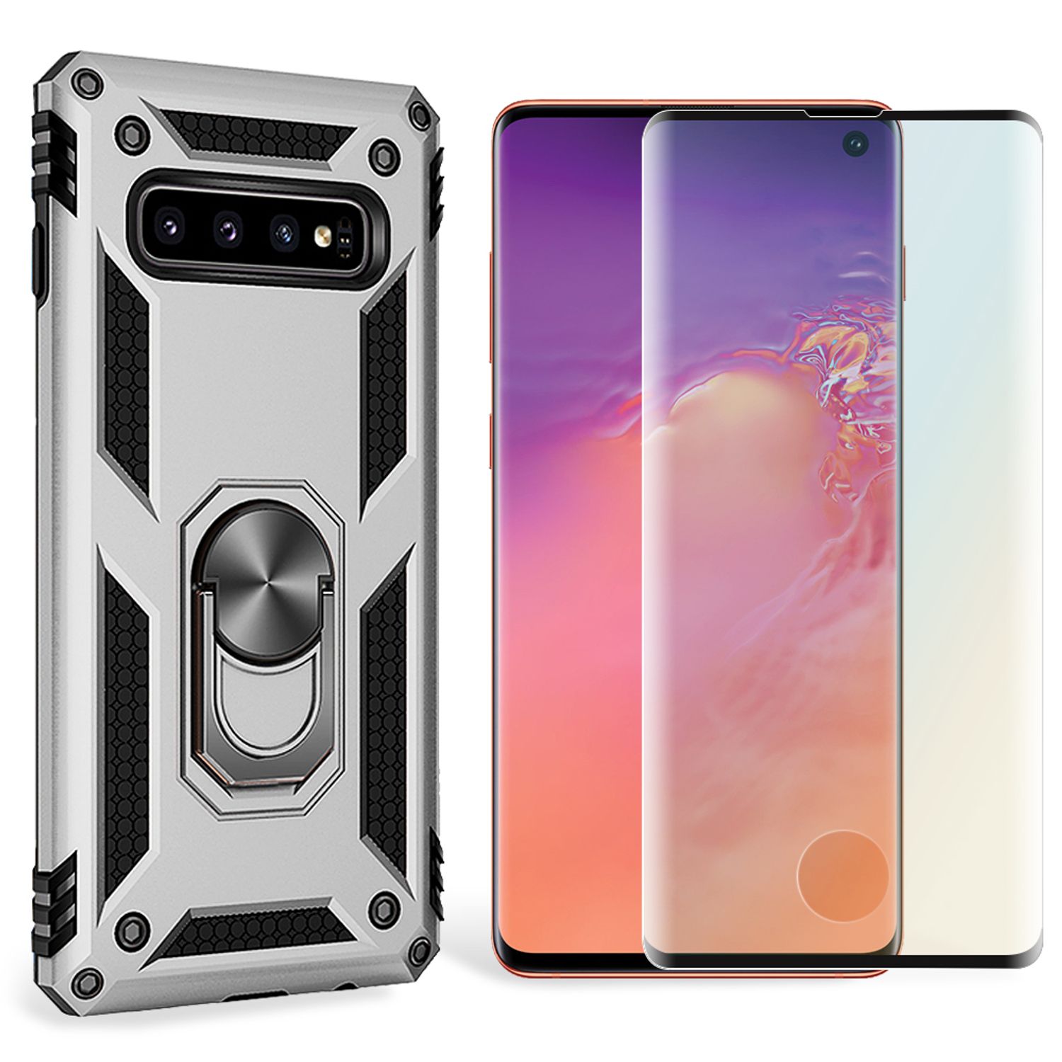 NALIA Ring Handy Hülle für Samsung Galaxy S10, Case Cover Display Schutz Glas Silber NALIA Protective Hülle