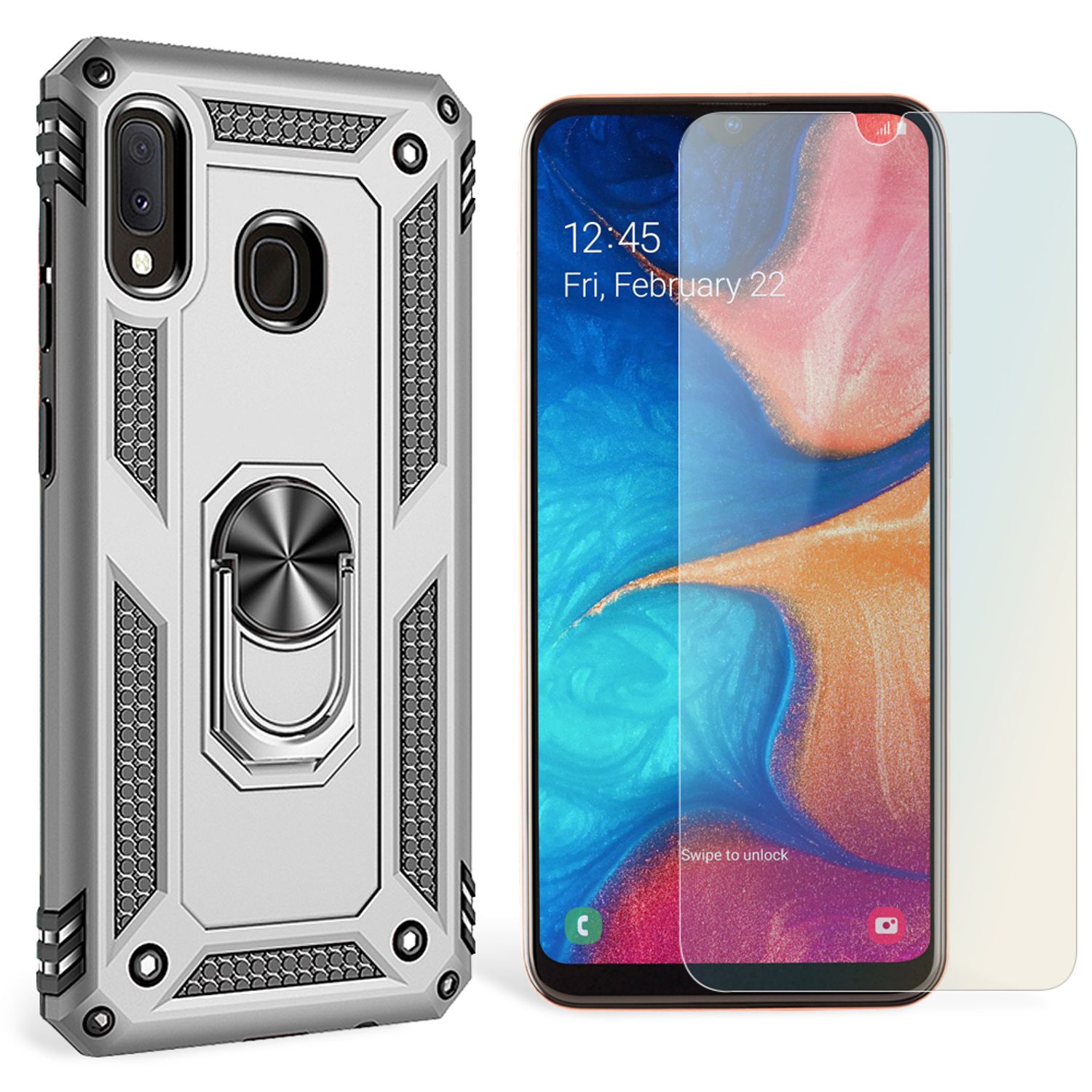 NALIA Ring Handy Hülle für Samsung Galaxy A20e, Case Cover Display Schutz Glas Silber NALIA Protective Hülle