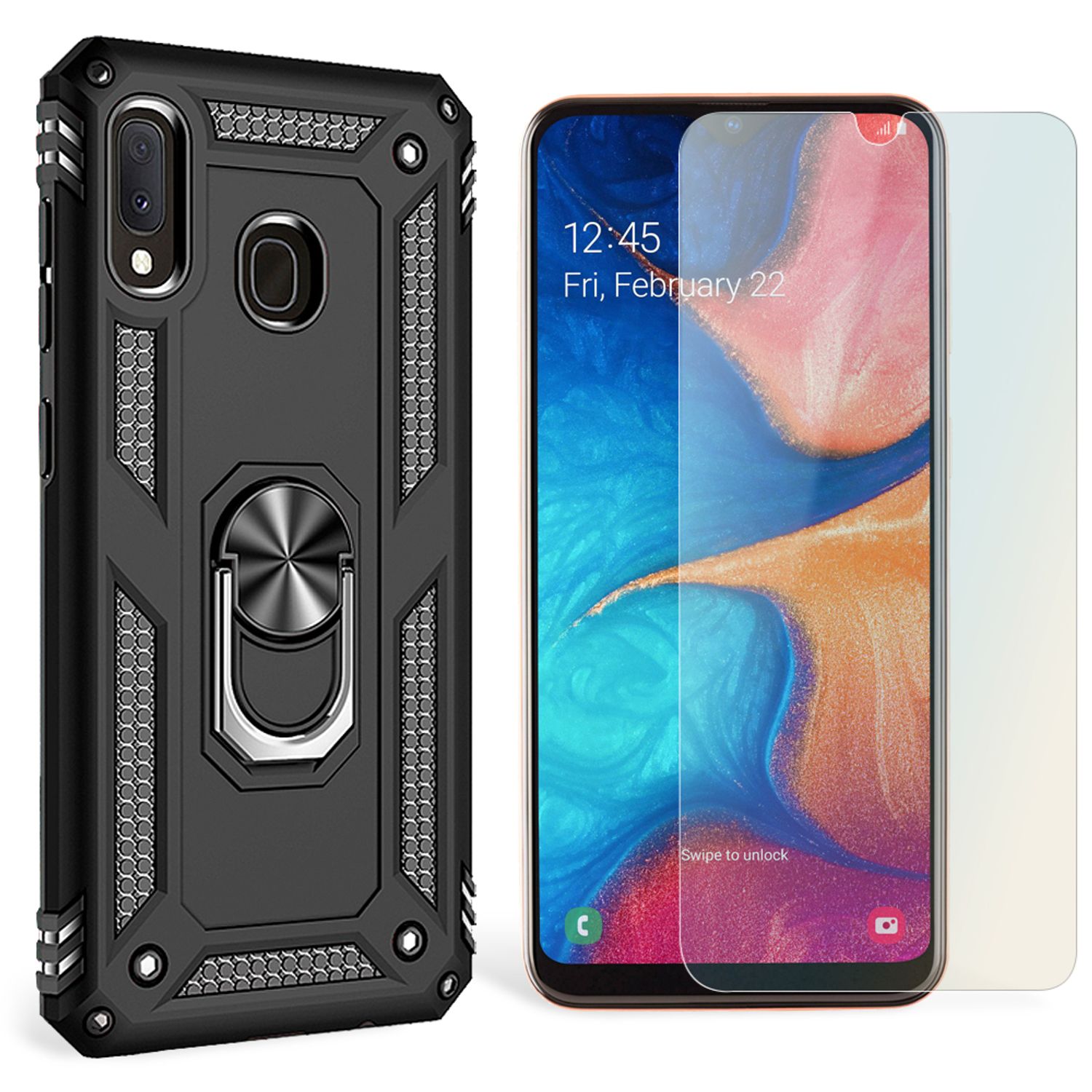 NALIA Ring Handy Hülle für Samsung Galaxy A20e, Case Cover Display Schutz Glas Schwarz NALIA Protective Hülle