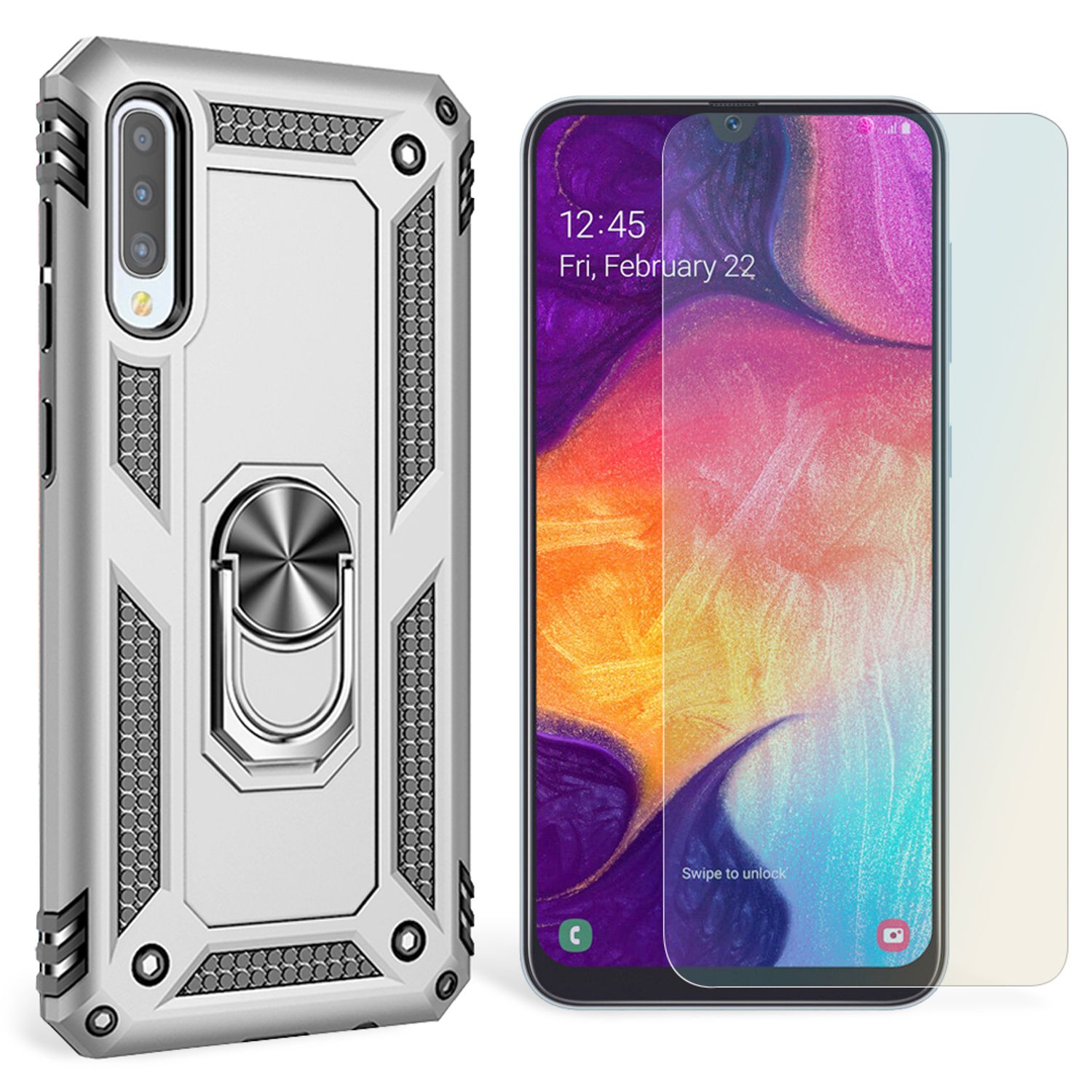 NALIA Ring Handy Hülle für Samsung Galaxy A50, Case Cover Display Schutz Glas Silber NALIA Protective Hülle