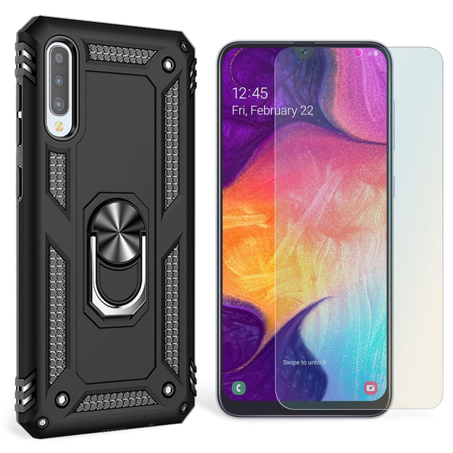 NALIA Ring Handy Hülle für Samsung Galaxy A50, Case Cover Display Schutz Glas Schwarz NALIA Protective Hülle