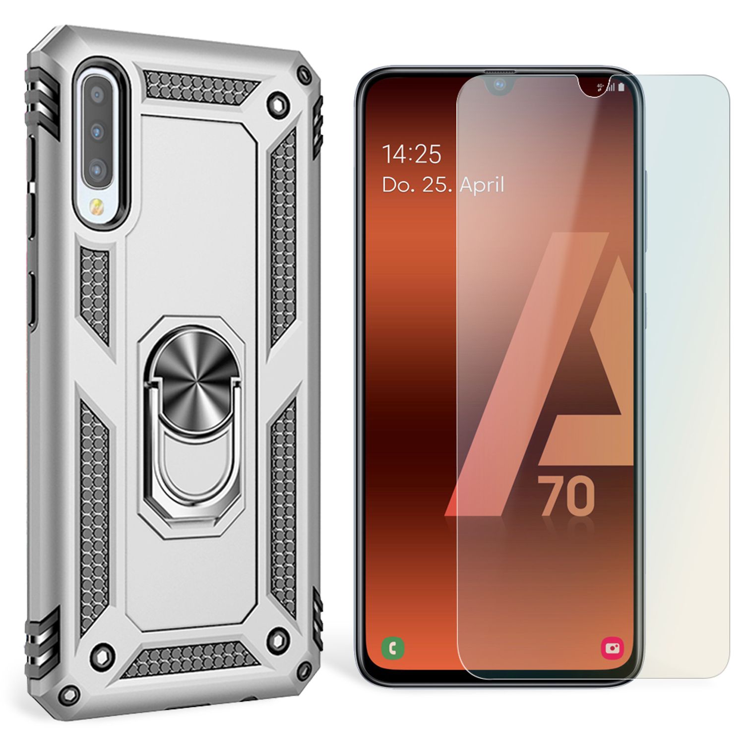 NALIA Ring Handy Hülle für Samsung Galaxy A70, Case Cover Display Schutz Glas Silber NALIA Protective Hülle