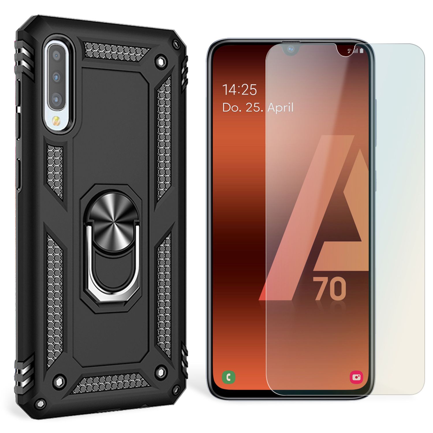 NALIA Ring Handy Hülle für Samsung Galaxy A70, Case Cover Display Schutz Glas Schwarz NALIA Protective Hülle