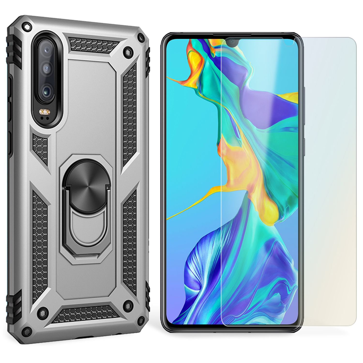 NALIA Ring Handy Hülle für Huawei P30, Case Cover Bumper Display Schutz Glas Schwarz NALIA Outdoor Hülle