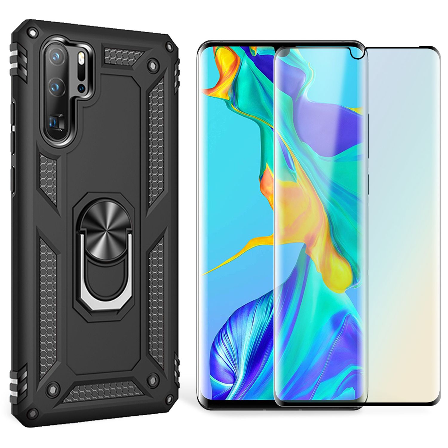 NALIA Ring Handy Hülle für Huawei P30 Pro, Case Cover Etui Display Schutz Glas Schwarz NALIA Protective Hülle