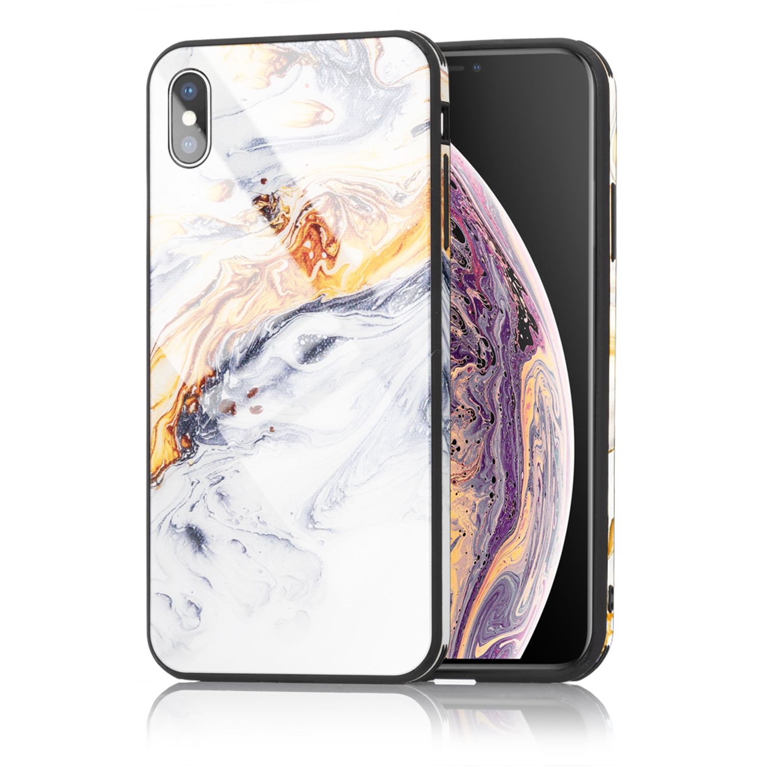 NALIA Handy Hülle für iPhone X / XS, Hartglas Marmor Design Schutz Case Cover Gold Grau NALIA