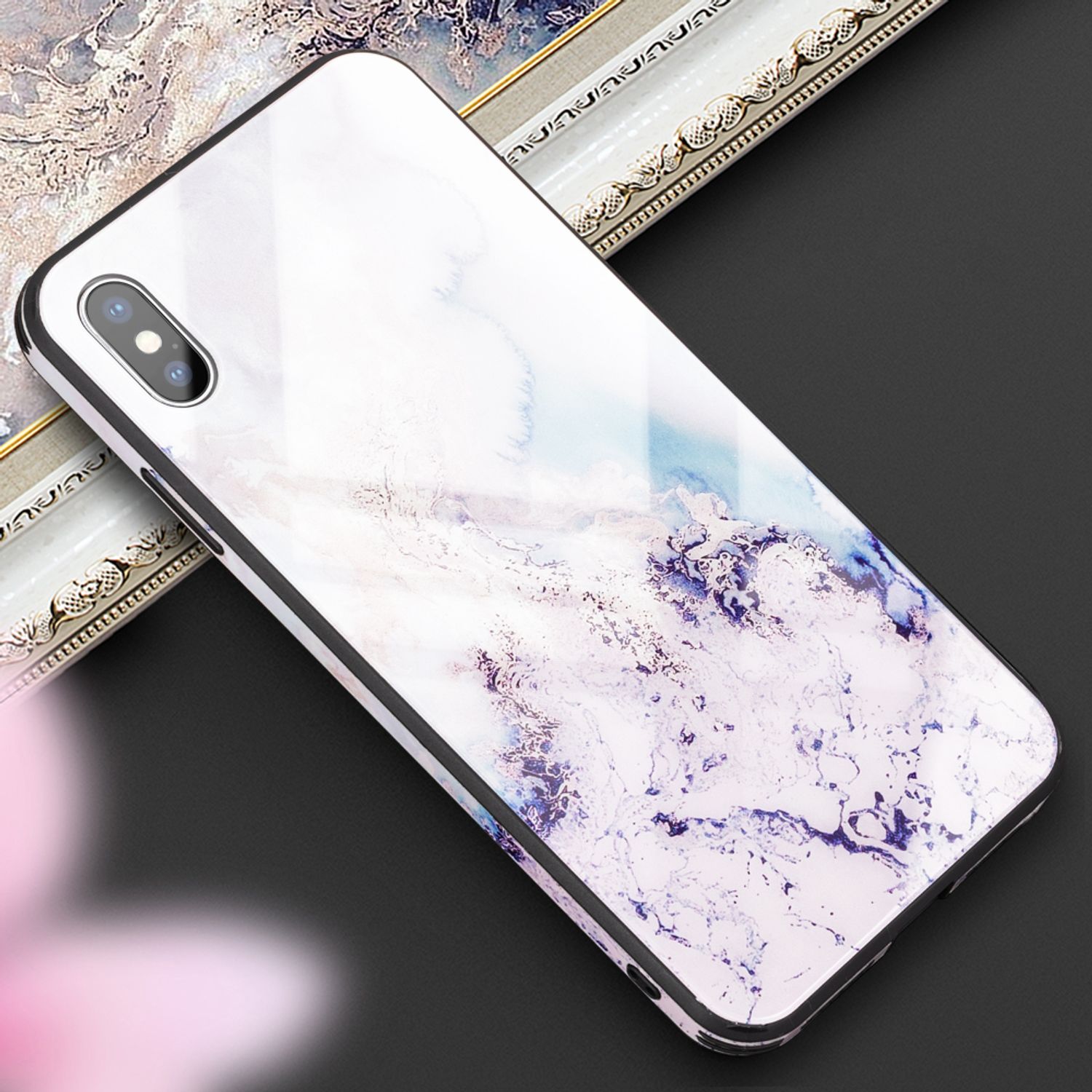 NALIA Handy Hülle für iPhone X / XS, Hartglas Marmor Design Schutz Case Cover Gold Grau NALIA