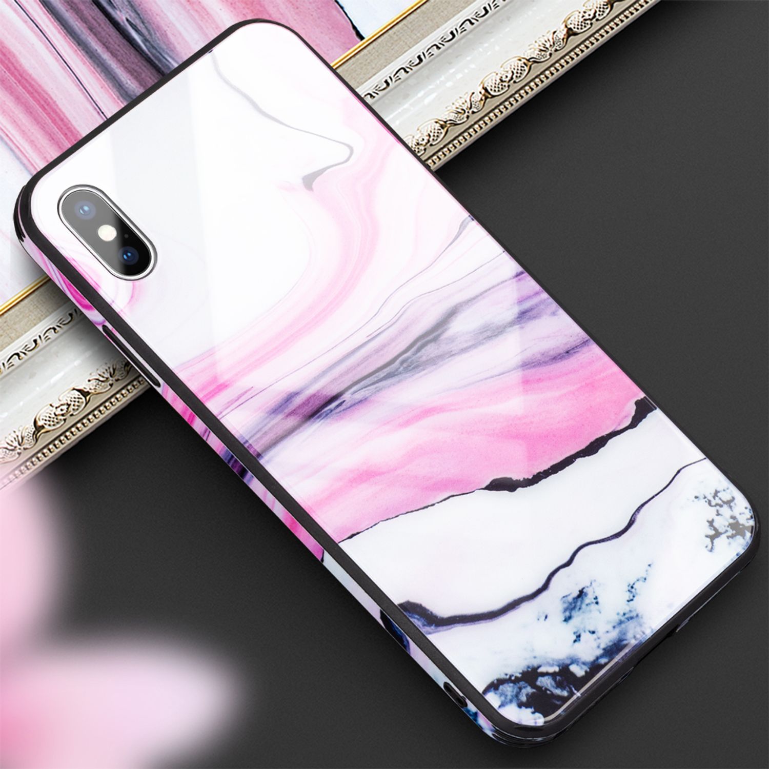 NALIA Handy Hülle für iPhone X / XS, Hartglas Marmor Design Schutz Case Cover Pink Lila NALIA