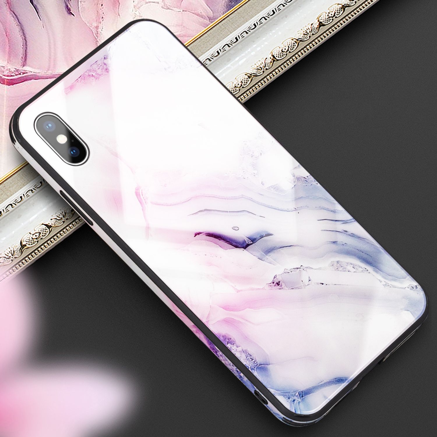NALIA Handy Hülle für iPhone X / XS, Hartglas Marmor Design Schutz Case Cover Pink Lila NALIA