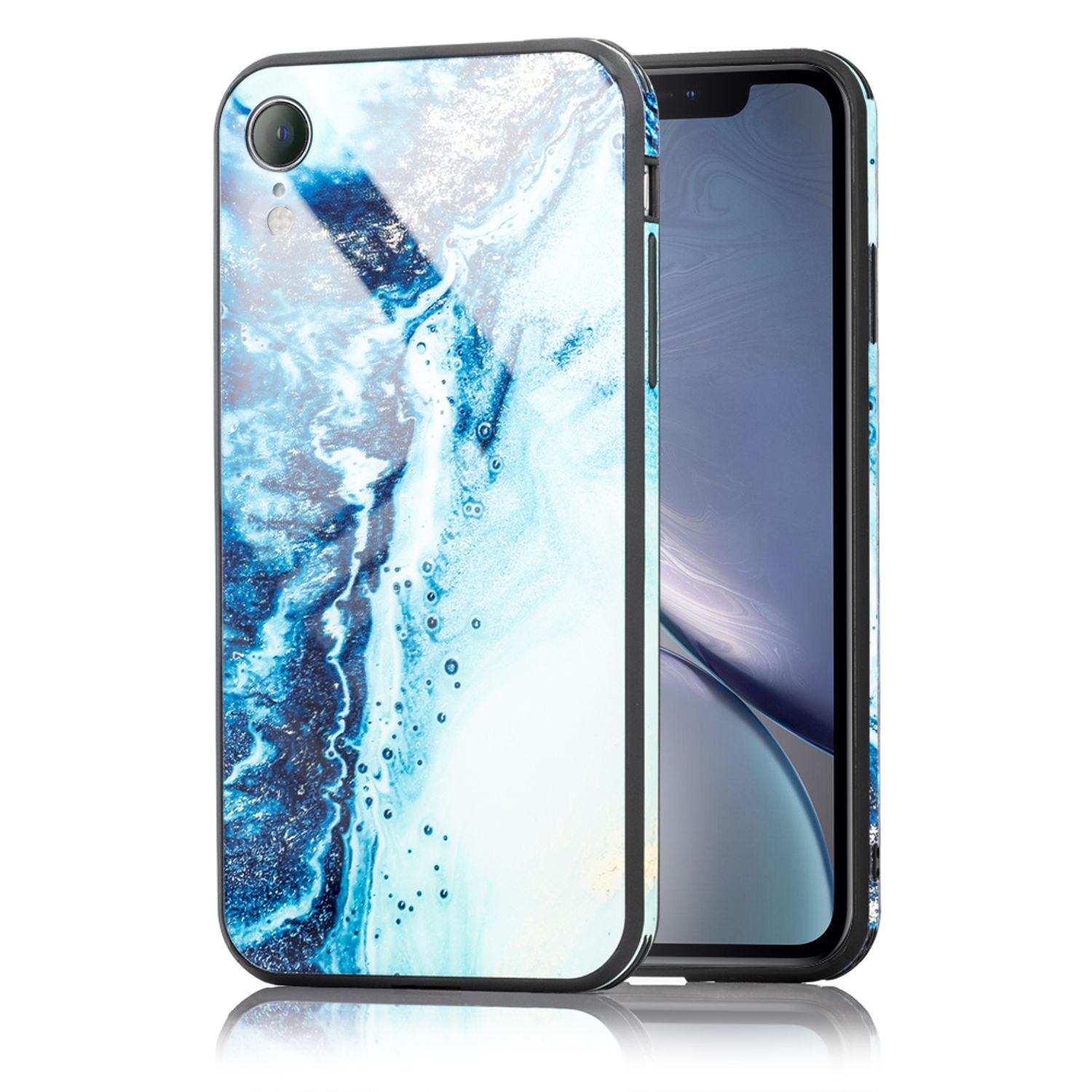 NALIA Handy Hülle für iPhone XR, Hartglas Marmor Design Case Cover Bumper Etui