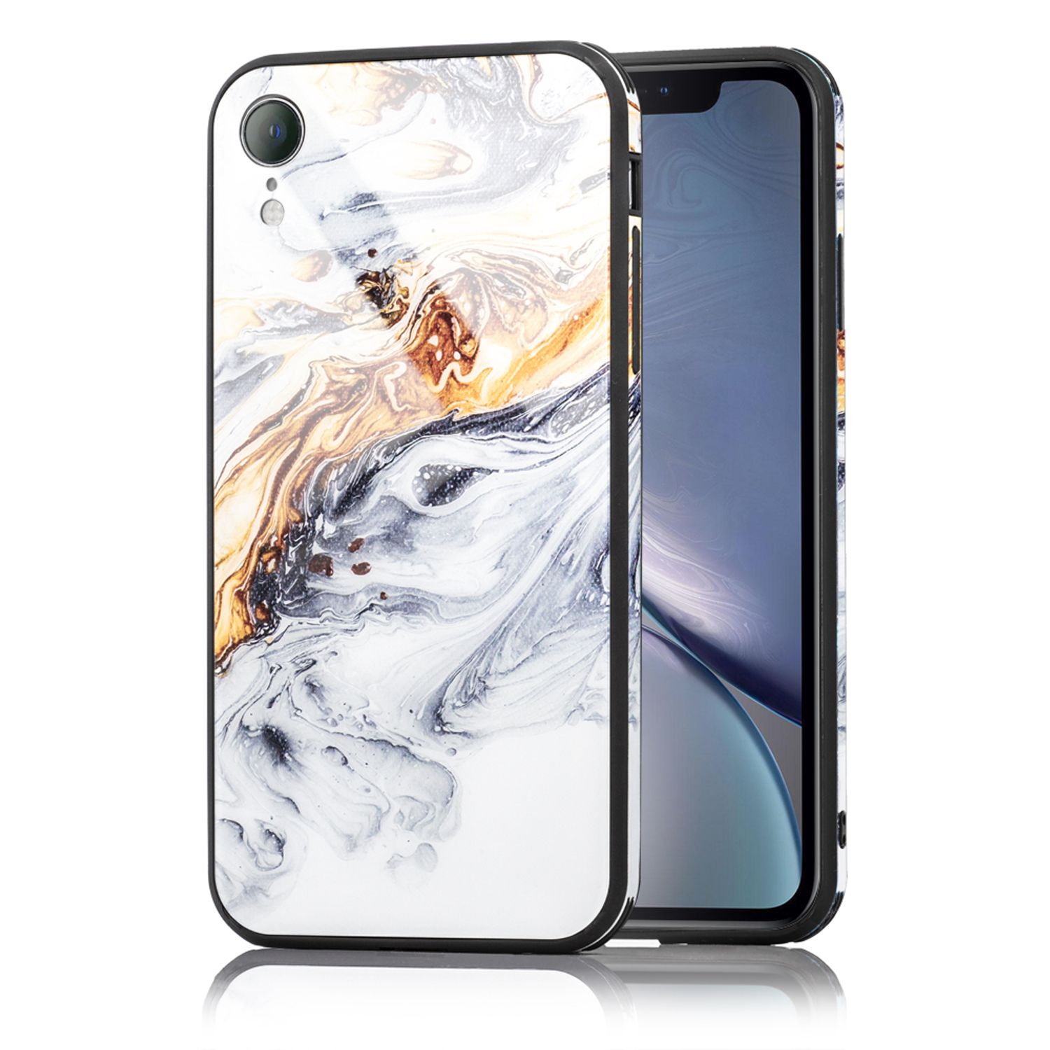 NALIA Handy Hülle für iPhone XR, Hartglas Marmor Design Case Cover Bumper Etui
