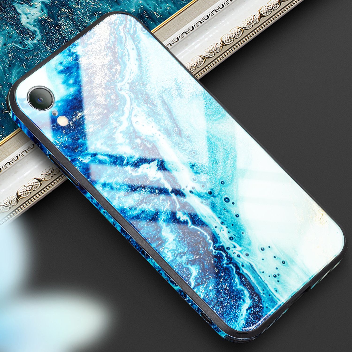 NALIA Handy Hülle für iPhone XR, Hartglas Marmor Design Case Cover Bumper Etui