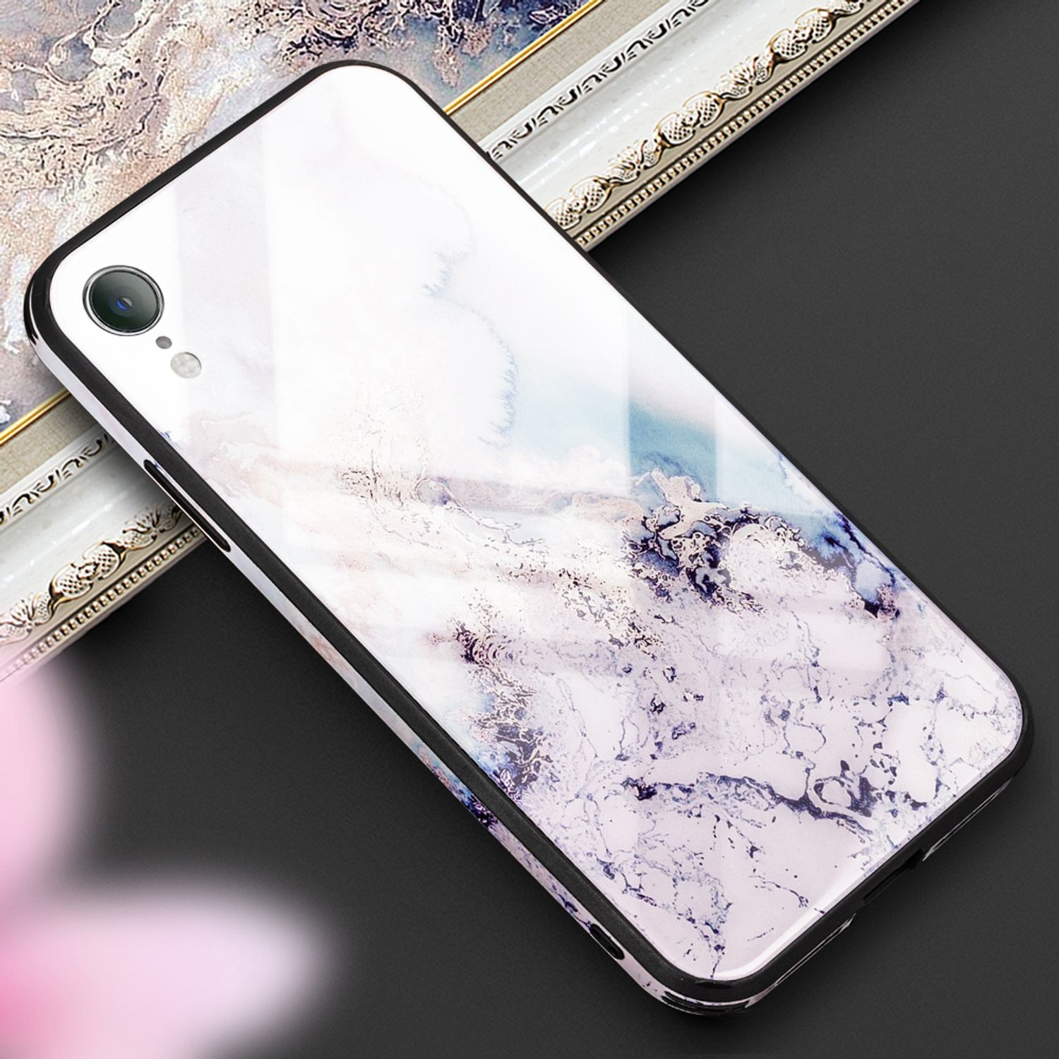NALIA Handy Hülle für iPhone XR, Hartglas Marmor Design Case Cover Bumper Etui