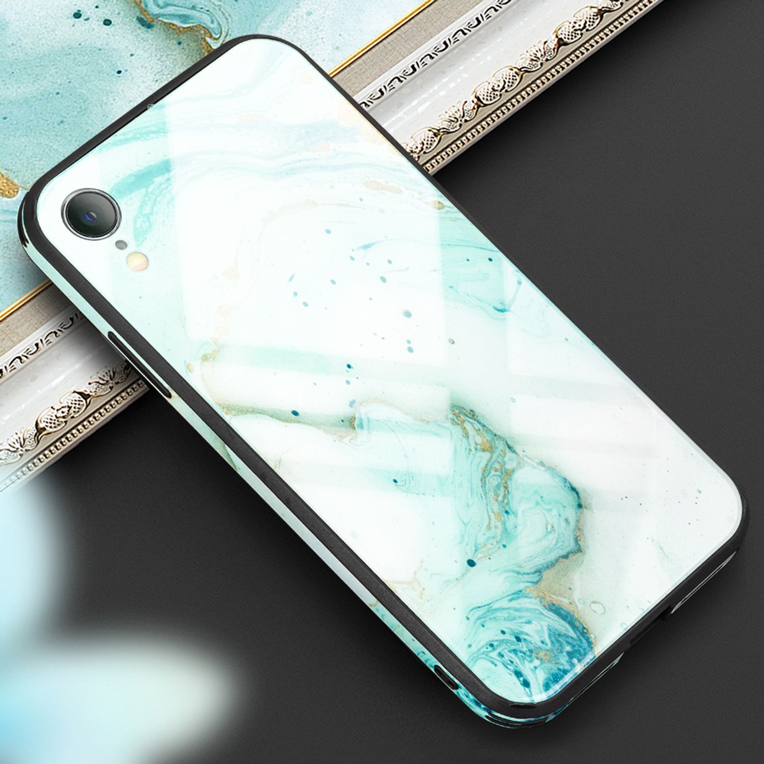 NALIA Handy Hülle für iPhone XR, Hartglas Marmor Design Case Cover Bumper Etui