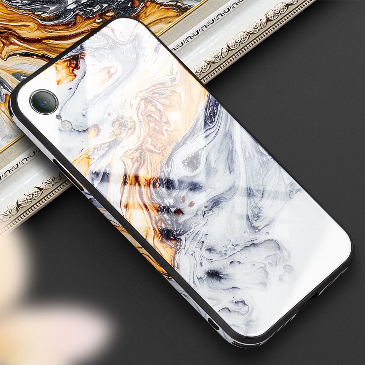 NALIA Handy Hülle für iPhone XR, Hartglas Marmor Design Case Cover Bumper Etui