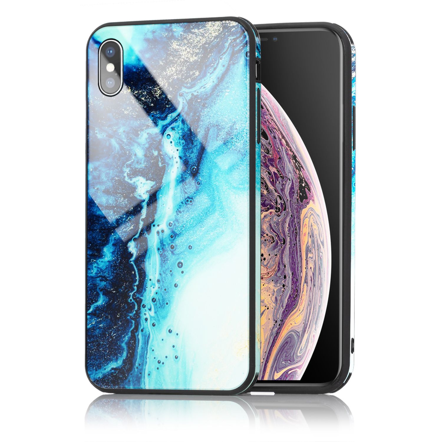 NALIA Handy Hülle für iPhone XS Max, Hartglas Marmor Design Schutz Case Cover Gold Grau NALIA