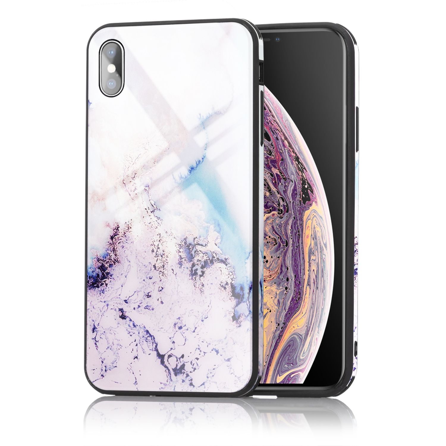 NALIA Handy Hülle für iPhone XS Max, Hartglas Marmor Design Schutz Case Cover Gold Grau NALIA