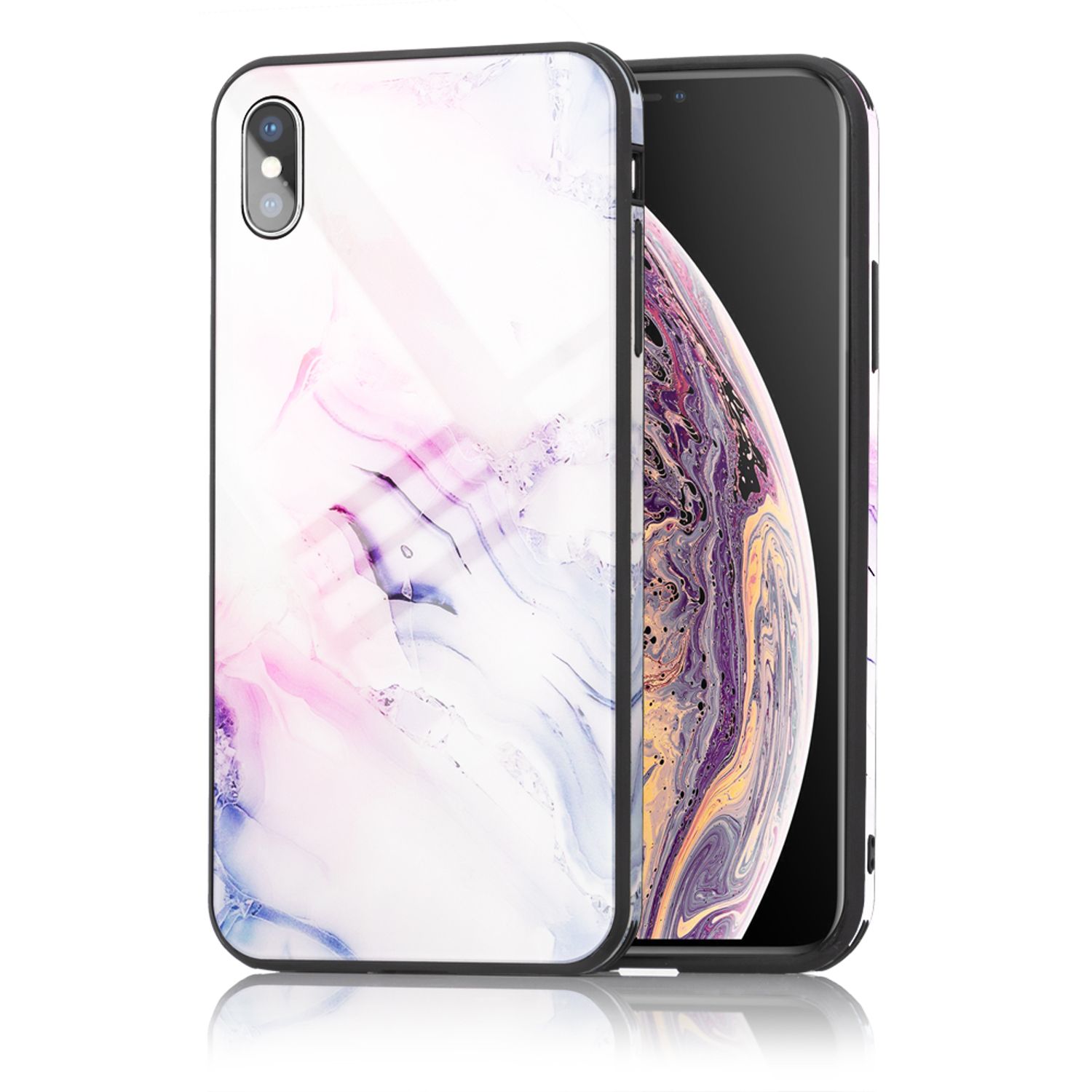 NALIA Handy Hülle für iPhone XS Max, Hartglas Marmor Design Schutz Case Cover Pink Blau NALIA