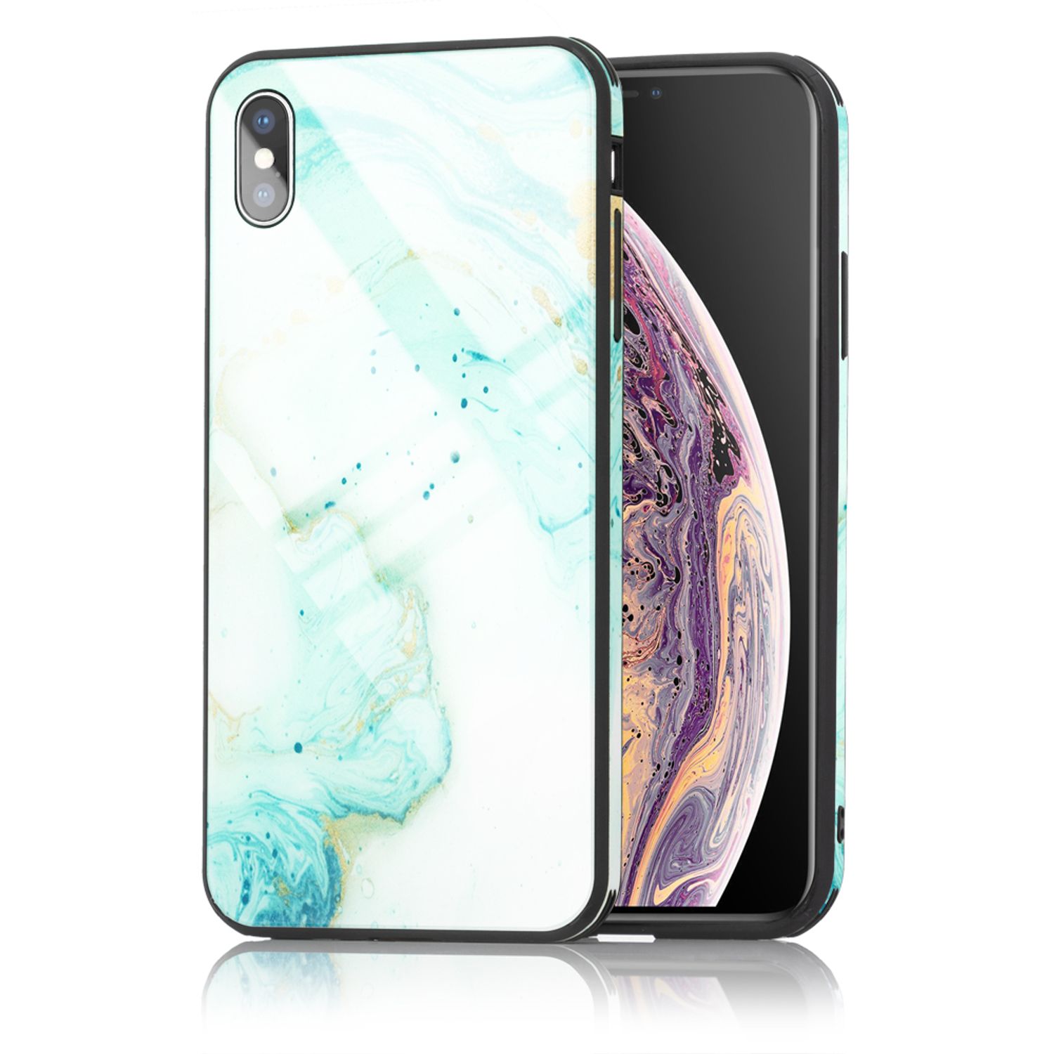 NALIA Handy Hülle für iPhone XS Max, Hartglas Marmor Design Schutz Case Cover Gold Grau NALIA