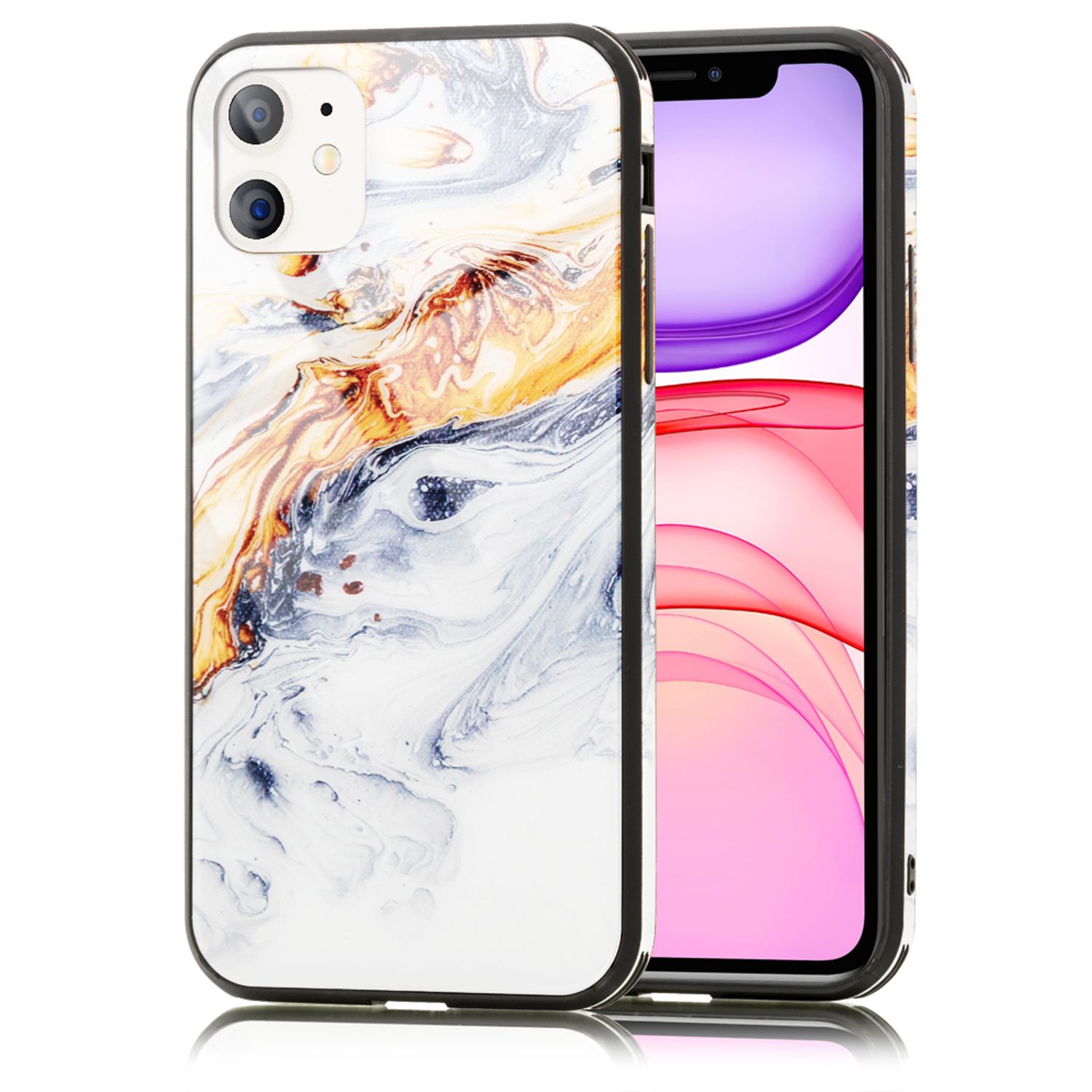 NALIA Hartglas Handy Hülle für iPhone 11, Marmor Design Tasche Case Cover Bumper Gold Grau NALIA Protective Hülle