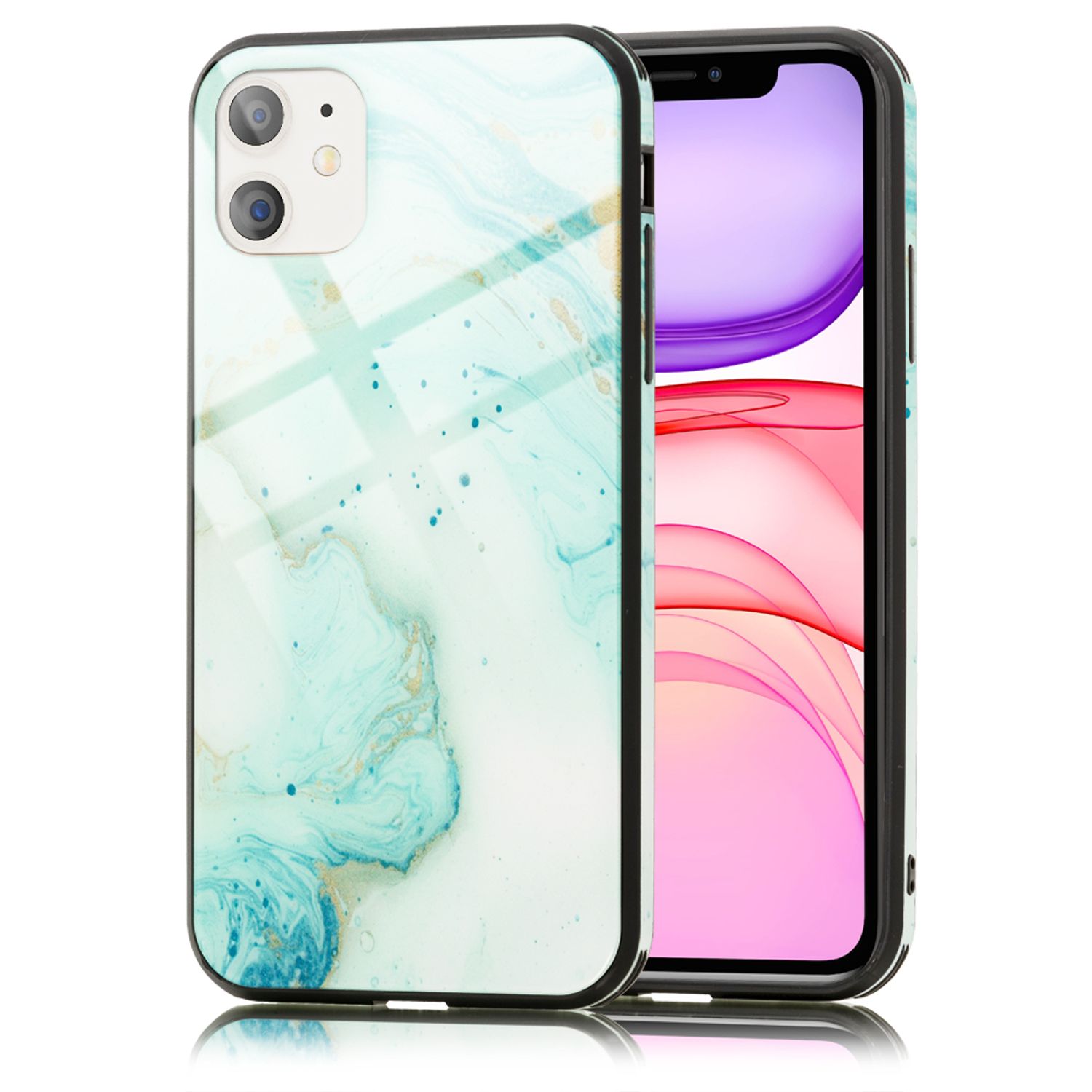 NALIA Hartglas Handy Hülle für iPhone 11, Marmor Design Tasche Case Cover Bumper Türkis Gold NALIA Protective Hülle