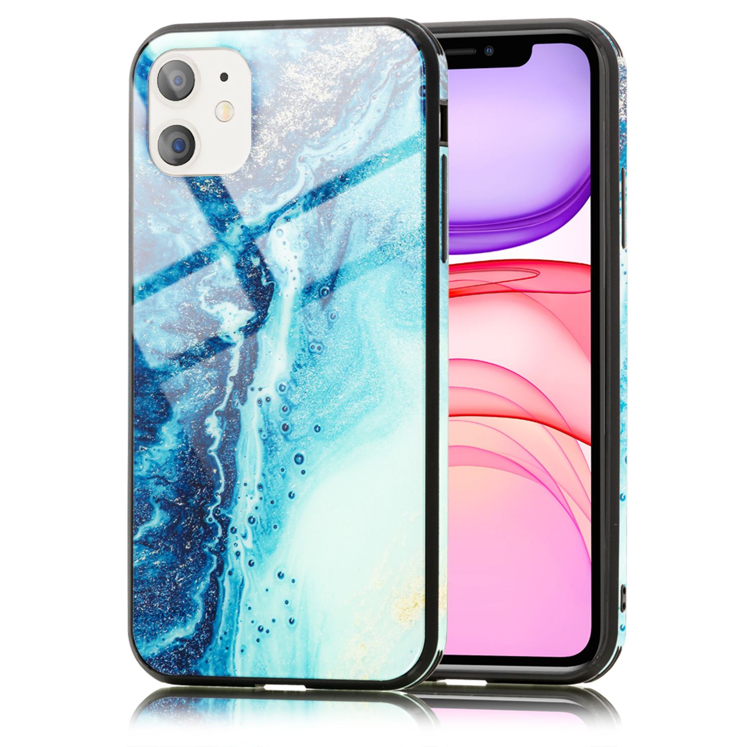 NALIA Hartglas Handy Hülle für iPhone 11, Marmor Design Tasche Case Cover Bumper Blau Türkis NALIA Protective Hülle