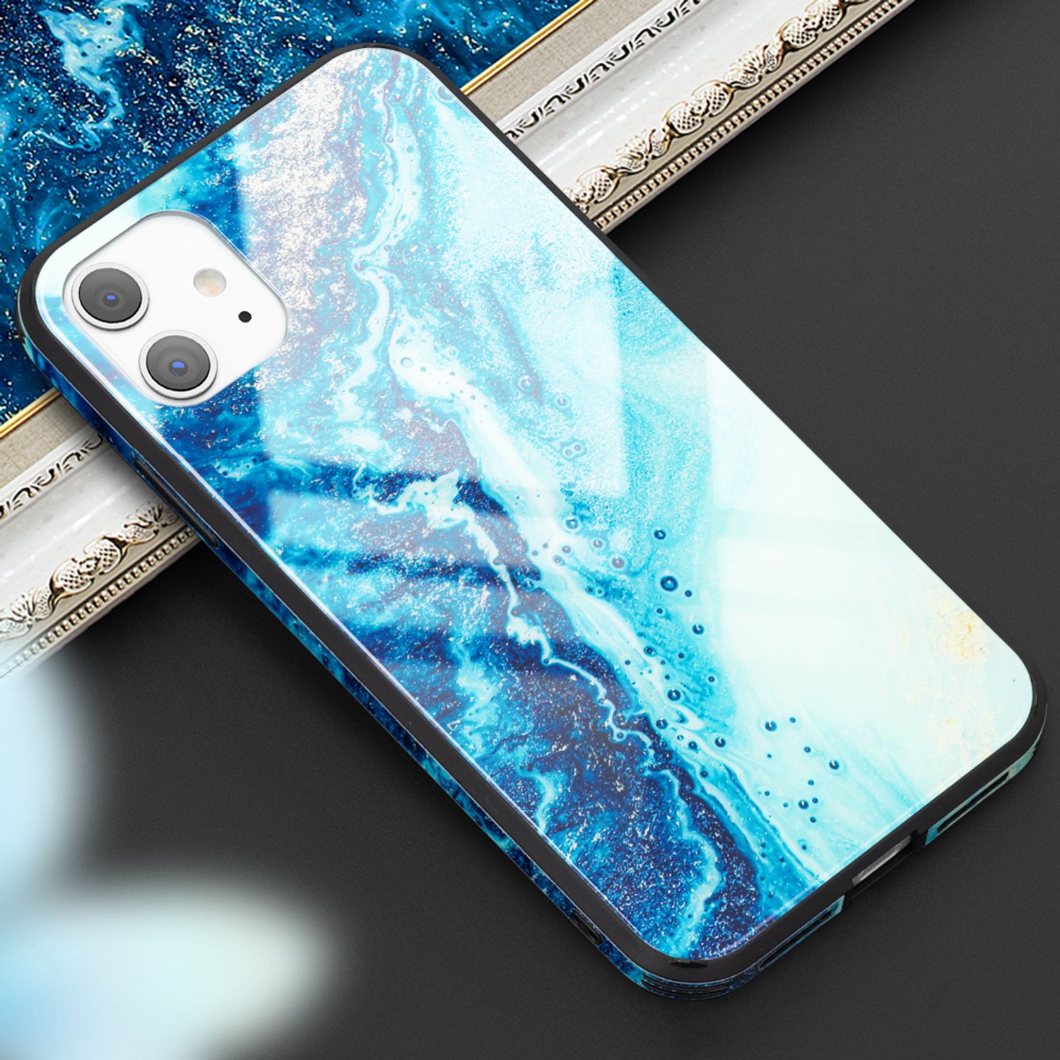 NALIA Hartglas Handy Hülle für iPhone 11, Marmor Design Tasche Case Cover Bumper Blau Türkis NALIA Protective Hülle