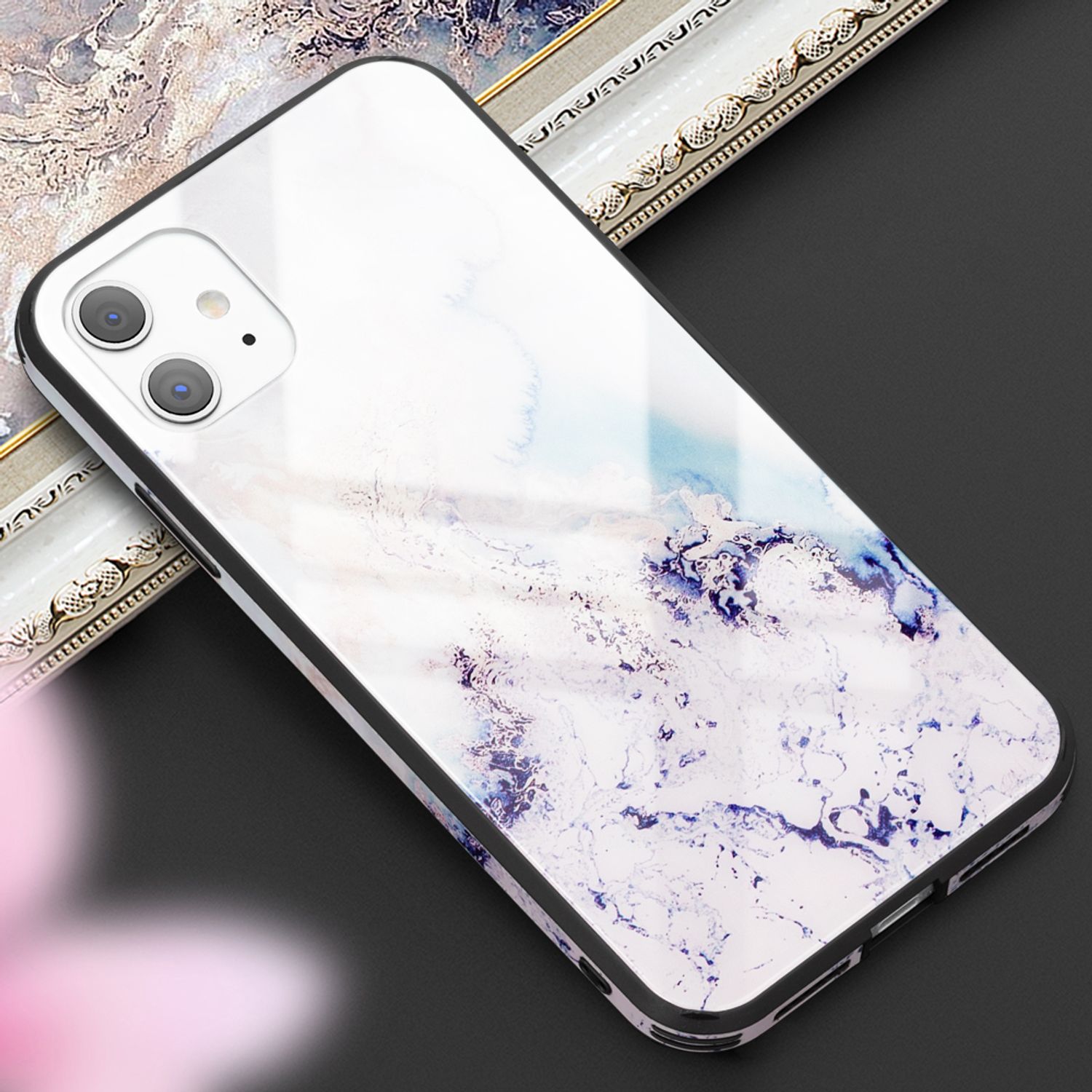 NALIA Hartglas Handy Hülle für iPhone 11, Marmor Design Tasche Case Cover Bumper Rosa Blau NALIA Protective Hülle