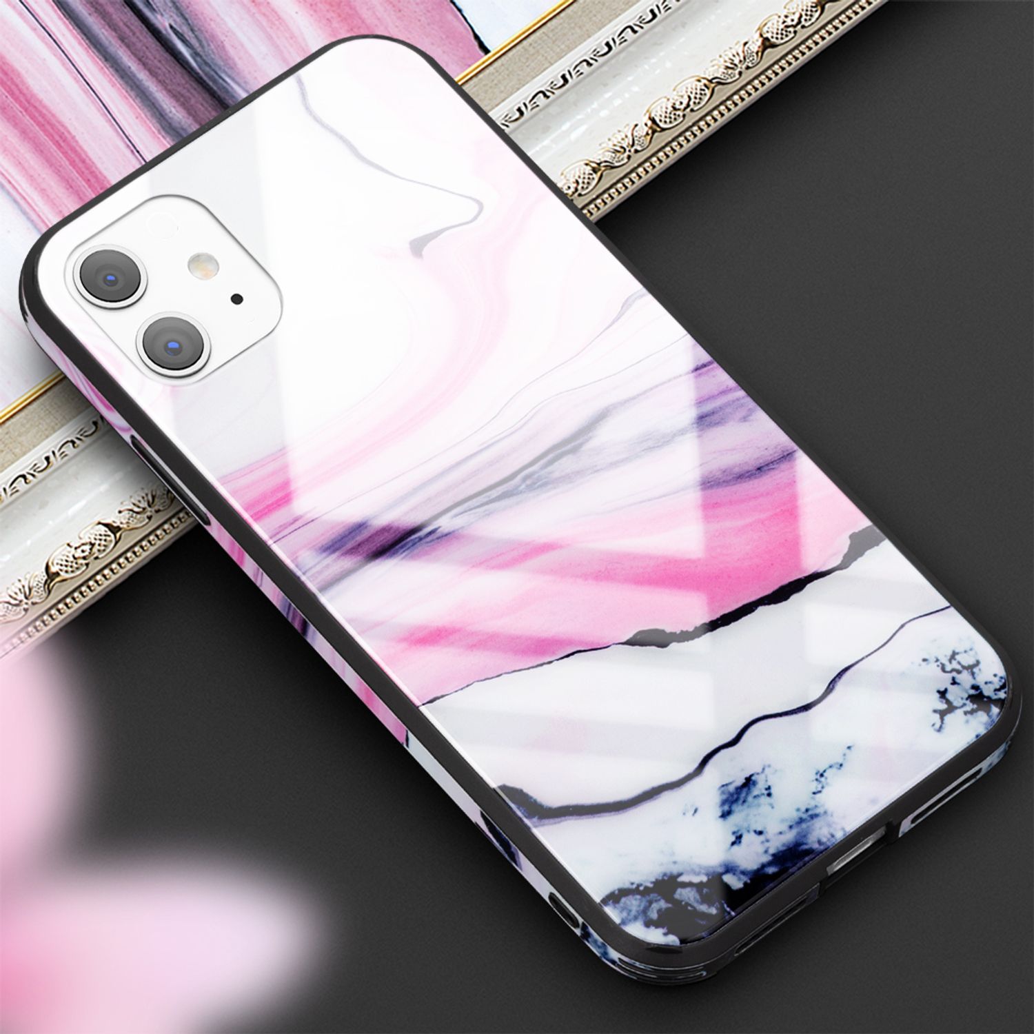 NALIA Hartglas Handy Hülle für iPhone 11, Marmor Design Tasche Case Cover Bumper Pink Lila NALIA Protective Hülle