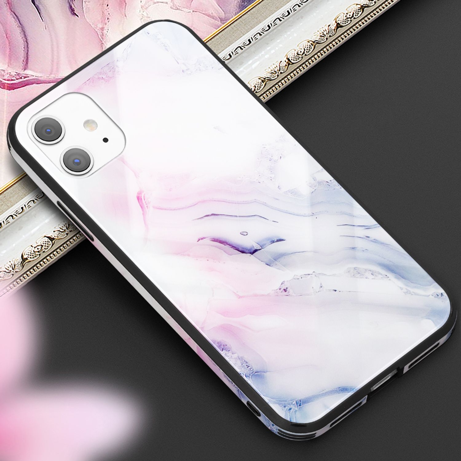NALIA Hartglas Handy Hülle für iPhone 11, Marmor Design Tasche Case Cover Bumper Pink Blau NALIA Protective Hülle