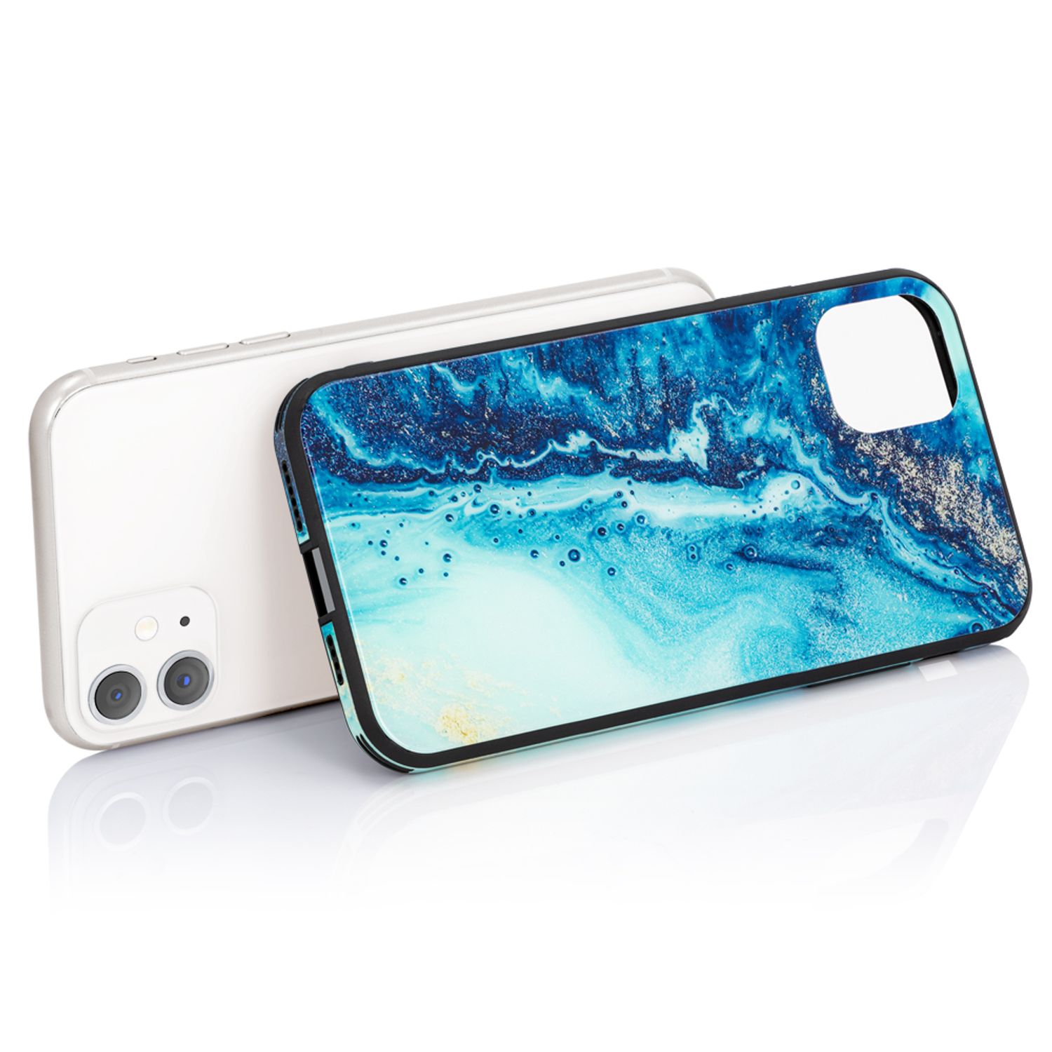 NALIA Hartglas Handy Hülle für iPhone 11, Marmor Design Tasche Case Cover Bumper Blau Türkis NALIA Protective Hülle