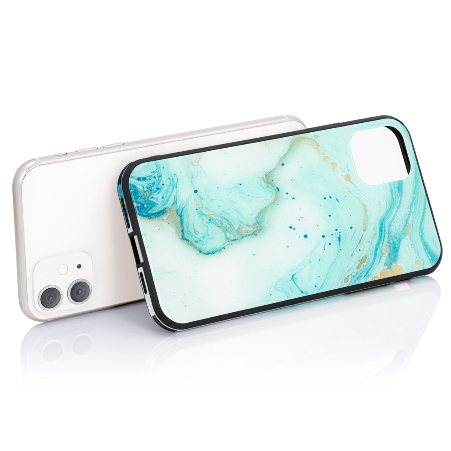NALIA Hartglas Handy Hülle für iPhone 11, Marmor Design Tasche Case Cover Bumper Türkis Gold NALIA Protective Hülle