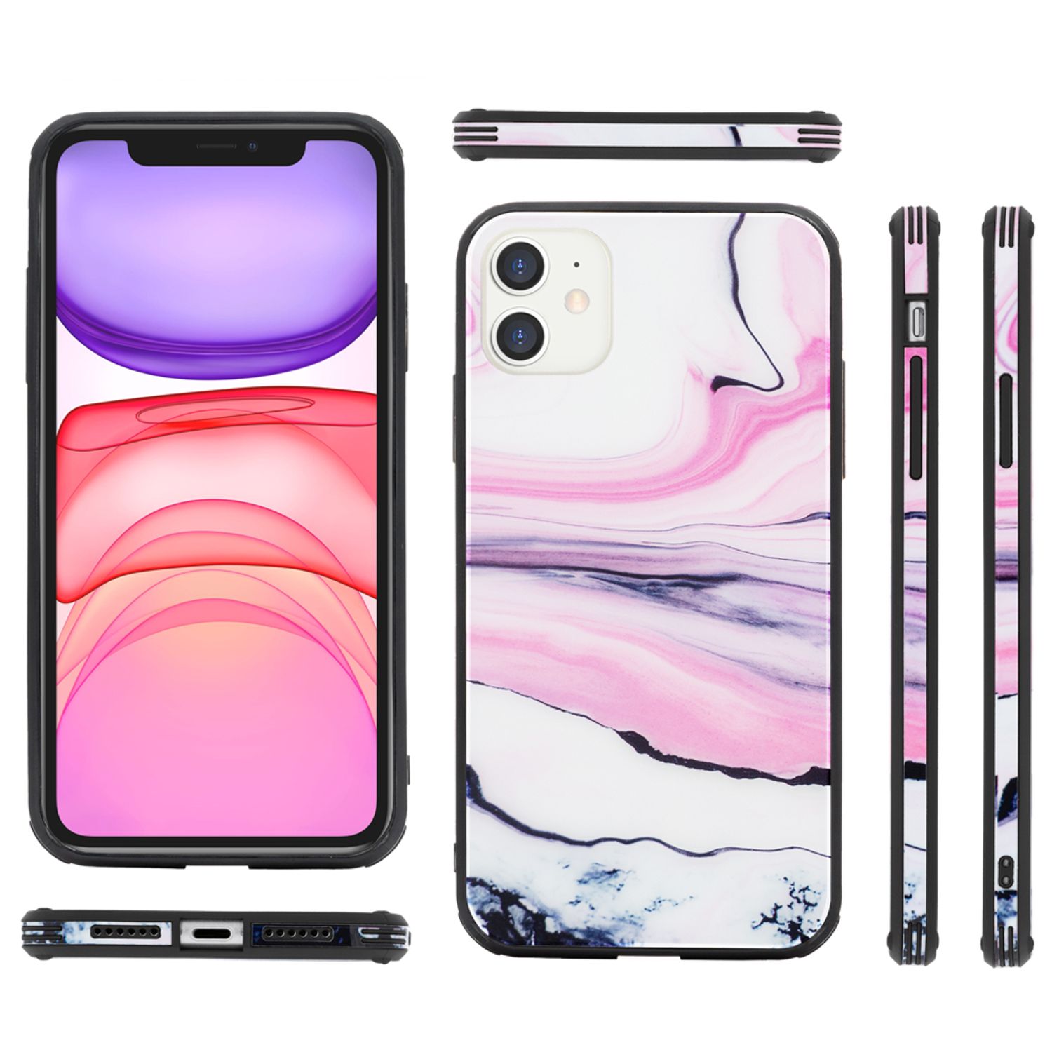 NALIA Hartglas Handy Hülle für iPhone 11, Marmor Design Tasche Case Cover Bumper Pink Blau NALIA Protective Hülle