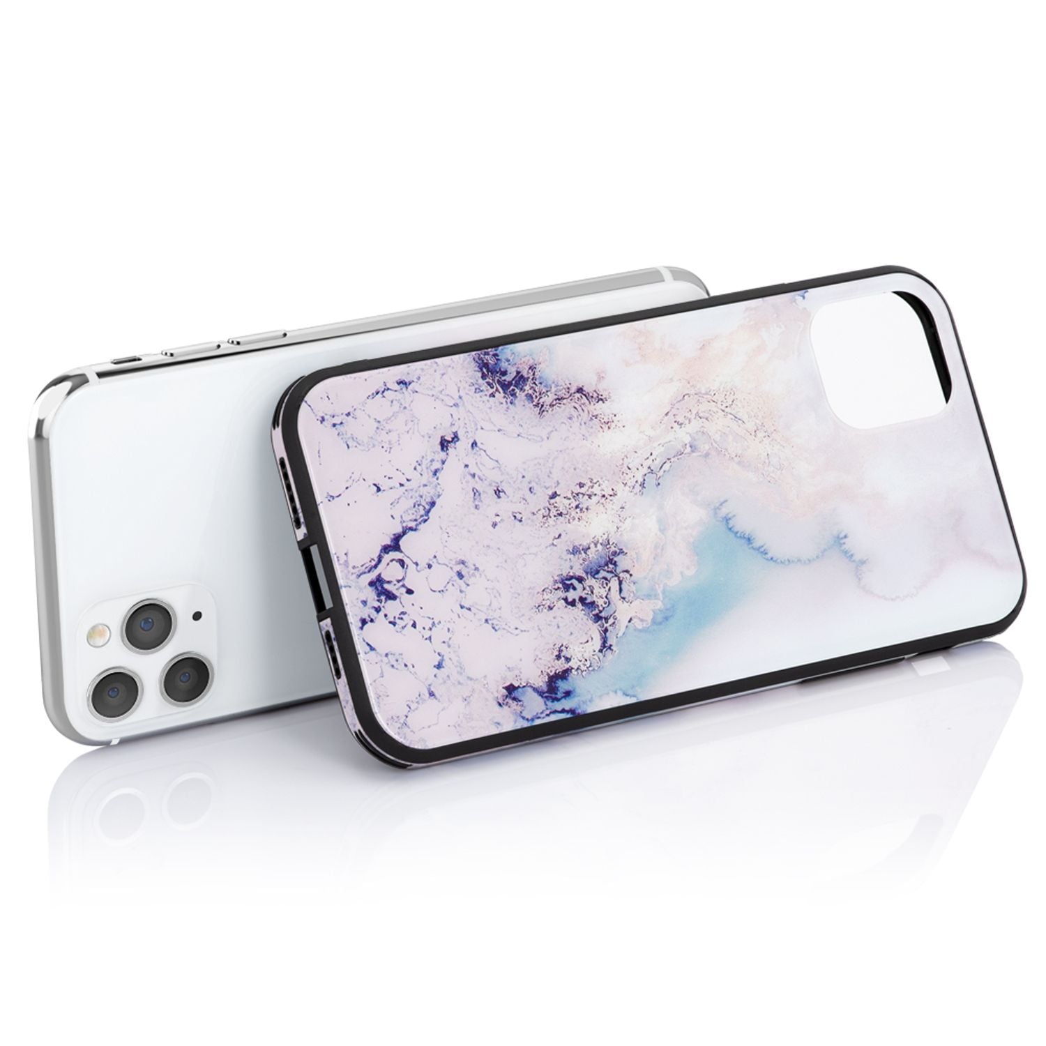 NALIA Marmor Glashülle iPhone 11 Pro Max Case 9H Echtglas Silikon-Bumper Rosa Blau NALIA Protective Hülle