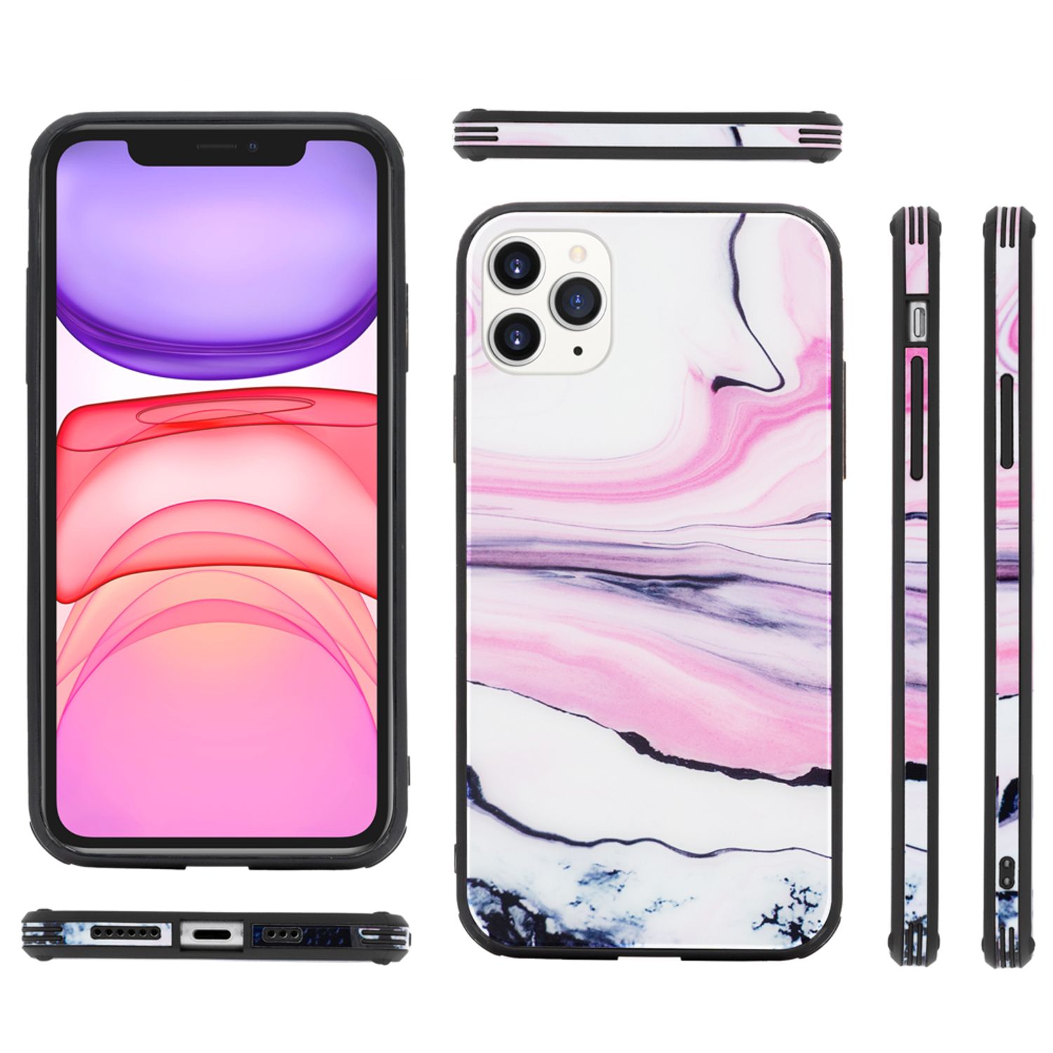 NALIA Marmor Glashülle iPhone 11 Pro Max Case 9H Echtglas Silikon-Bumper Pink Lila NALIA Protective Hülle