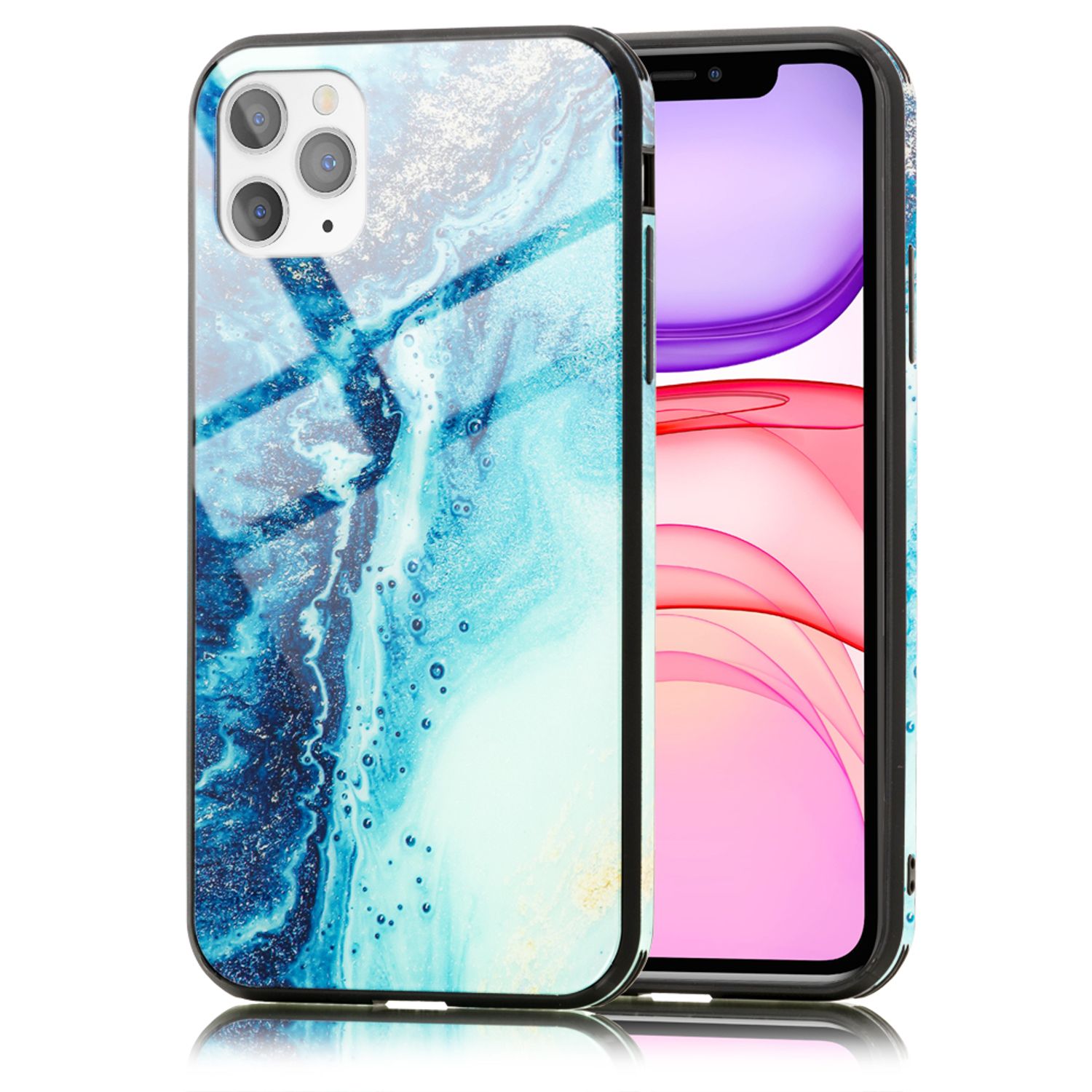 NALIA Hartglas Handy Hülle für iPhone 11 Pro, Marmor Design Tasche Case Cover Blau Türkis NALIA Protective Hülle