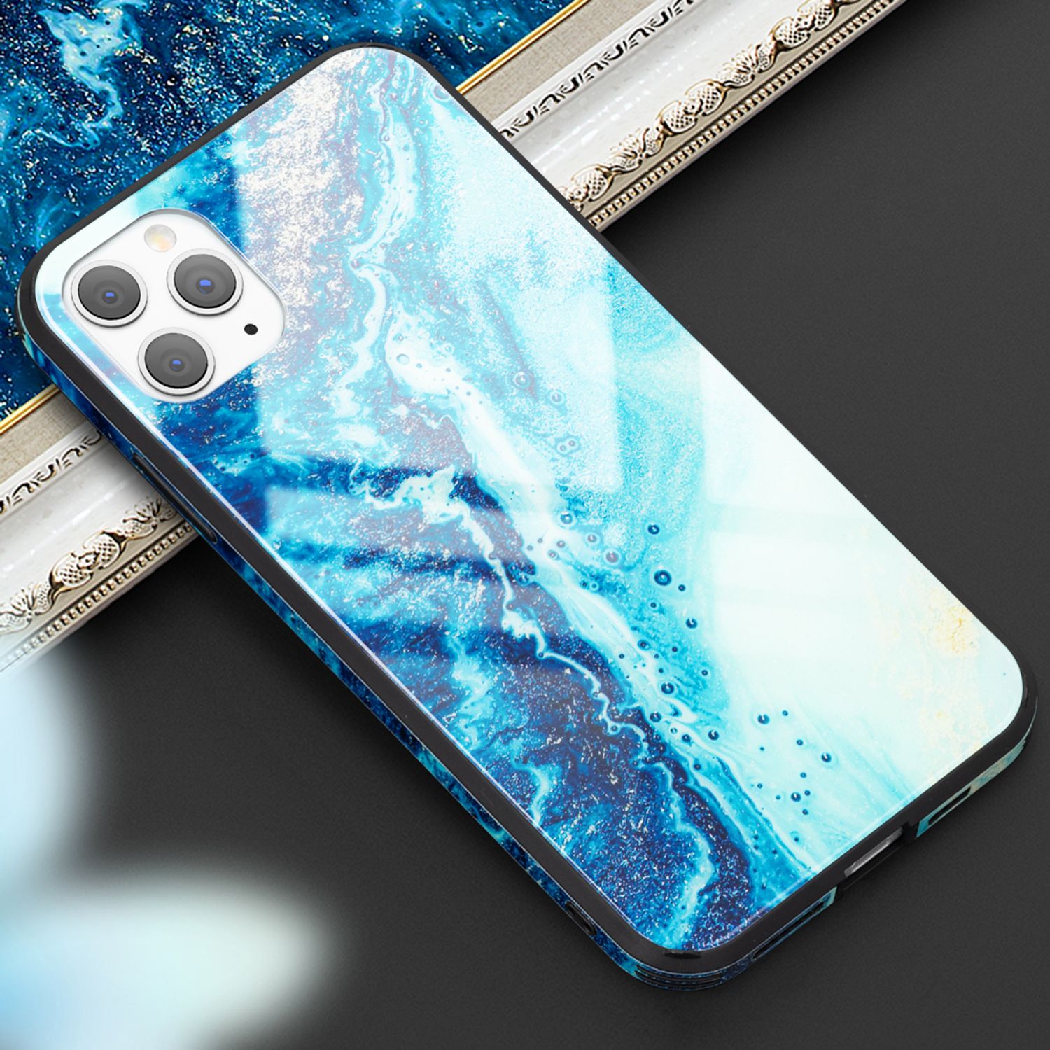 NALIA Hartglas Handy Hülle für iPhone 11 Pro, Marmor Design Tasche Case Cover Blau Türkis NALIA Protective Hülle