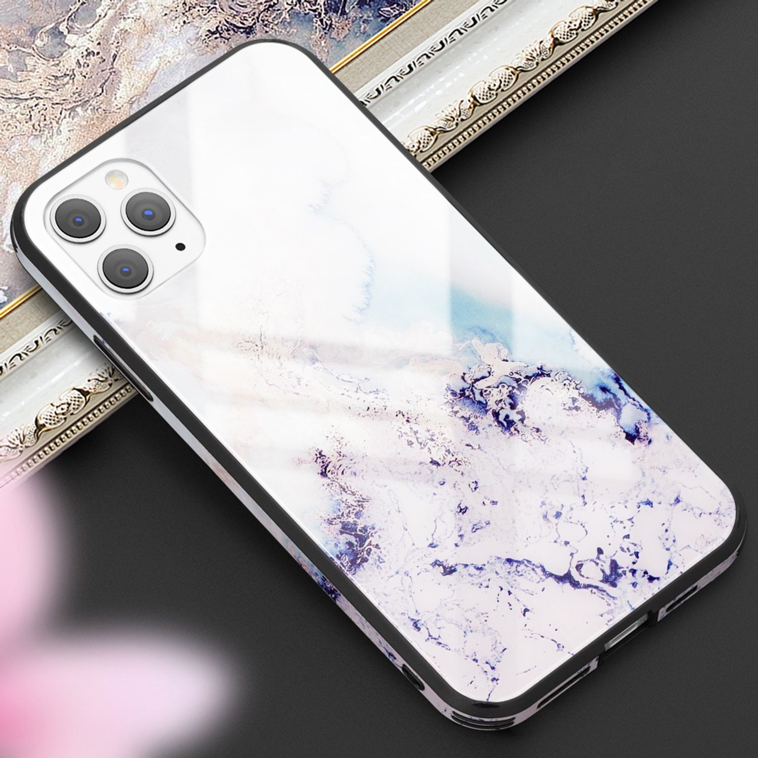 NALIA Hartglas Handy Hülle für iPhone 11 Pro, Marmor Design Tasche Case Cover Rosa Blau NALIA Protective Hülle